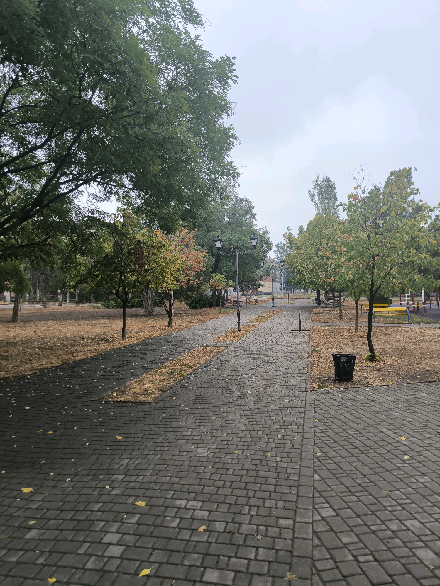 The image depicts a paved park pathway lined with trees and greenery. The pathway is constructed of grey interlocking pavers, some of which are partially covered by fallen yellow leaves, suggesting an autumn season. To the left of the pathway, there is a dry grassy area with scattered leaves and a line of trees with full green foliage. To the right, there are more trees, some with hints of autumn colors, and a black trash receptacle. Further in the background on the right, there are children's playground structures with yellow and blue benches. Several lampposts are visible along the pathway, indicating it is a public park. The sky is overcast and appears grey. The scene is devoid of any people. The location is identified as a park in Mykolaiv, Ukraine.
