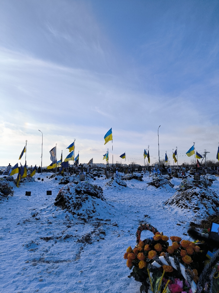 The image depicts a snow-covered military burial ground, identified as the Alley of Glory within the Central City Cemetery in Vinnytsia, Ukraine. The scene is observed under a clear blue sky with sparse, wispy clouds, suggesting a winter day. Numerous individual graves, appearing as snow-covered mounds of earth, are arranged in discernible rows across the landscape. Each visible grave is marked by an upright Ukrainian national flag, predominantly yellow and blue, some rectangular and others pennant-shaped, which are gently rippling. Tall, dark streetlights are positioned throughout the grave section. In the lower right foreground, a floral wreath partially enters the frame, featuring a cluster of orange roses alongside other colored flowers and dark ribbons. Small, dark rectangular markers are visible in the snow near some graves. No individuals are present in the scene.