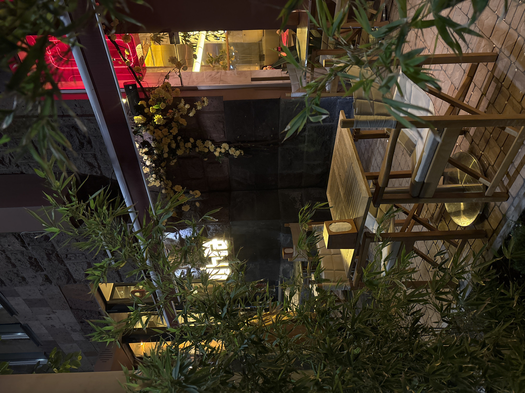 Captured at night, the image presents an outdoor seating area, possibly a restaurant or cafe, in Yerevan, Armenia. The setting features wooden chairs and tables arranged on a brick-paved ground. The foreground is dominated by green bamboo foliage, partly obscuring the view. Above, red neon lights and illuminated window displays are visible. Flowers, possibly artificial, adorn a wall section. A reflective surface creates a distorted image of light patterns. Overall, the scene depicts a quiet, dimly lit outdoor space in an urban environment.