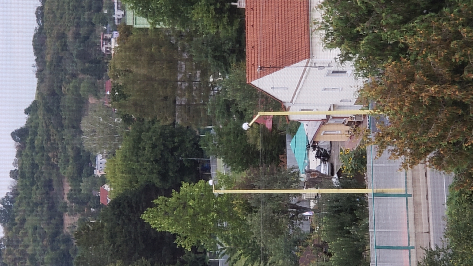 The image shows a view from an elevated position looking down onto a residential area and a hillside covered in trees. In the foreground, a road is visible, bordered by a concrete barrier and a green mesh fence. Beyond the road, a white building with a red tiled roof is prominent, with a smaller yellow building adjacent to it. Several trees are scattered throughout the scene, some with green foliage and others with autumn colors. In the background, a densely wooded hill rises, with glimpses of houses nestled within the trees. The sky is overcast. The presence of houses, road infrastructure, and the general landscape suggest this is a suburban or semi-rural setting within the city of Prešov, Slovakia.