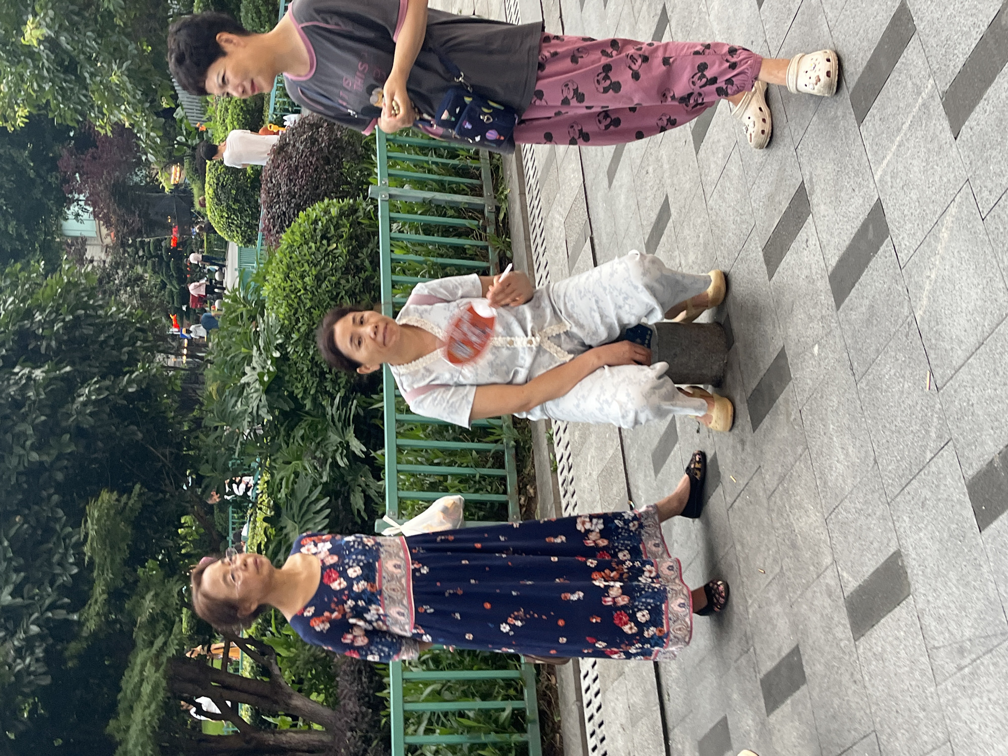 Three women are outdoors, appearing to be in a park or public walkway. One woman in the foreground wears a dark blue floral dress and is looking to her left. To her right and slightly further back, another woman sits on a low stone object, wearing a light-colored pajama-like outfit and holding a red fan. She is looking towards the camera with a slight smile. In the background, a third woman stands, wearing a dark t-shirt with a graphic design and pink Mickey Mouse patterned pants. She is looking down and to her right. Green metal fencing runs along the middle and background of the image, separating the walkway from lush green foliage and trees. The ground is paved with large, light gray rectangular tiles interspersed with darker gray rectangular sections. The time of day appears to be daytime, with overcast or diffused lighting. No specific weather conditions are evident. The scene suggests a casual, relaxed atmosphere.