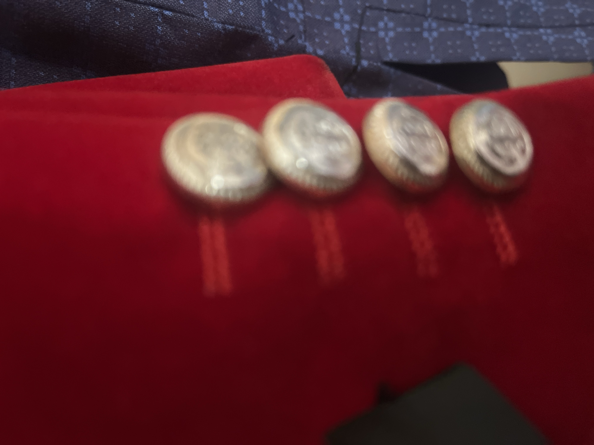 The image shows a close-up view of four metallic buttons on a red velvet blazer. The buttons are round and have an embossed design, possibly a crest or emblem. They are arranged vertically down the front of the blazer. To the right of the blazer, a portion of a dark blue blazer with a subtle pattern is visible. The lighting in the image is somewhat dim, creating soft highlights on the buttons and a slight blurriness that suggests movement or shallow depth of field. The background is out of focus, but appears to be an indoor setting. No specific location in Jalingo, Nigeria can be determined from the visual information provided.