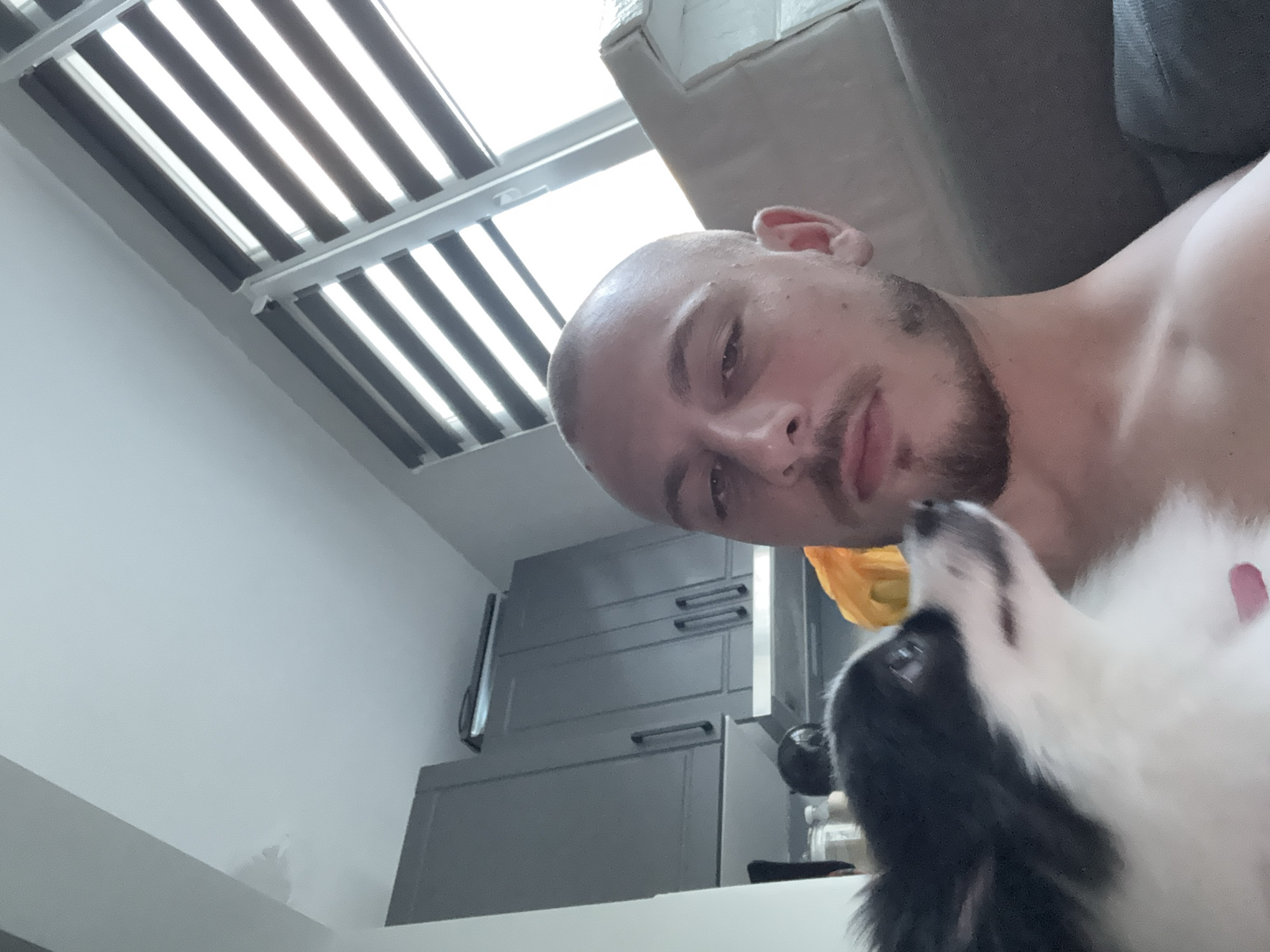 A man with a shaved head and a beard is in a close-up shot, with a small black and white dog on his left. The man is looking towards the camera, while the dog is looking to the right. They appear to be indoors, in what looks like a kitchen area. There are gray cabinets and a vent hood visible in the background. A large window with blinds is on the right side of the frame. The man is shirtless. There is no information in the image that can identify the location as Stara Zagora, Bulgaria.