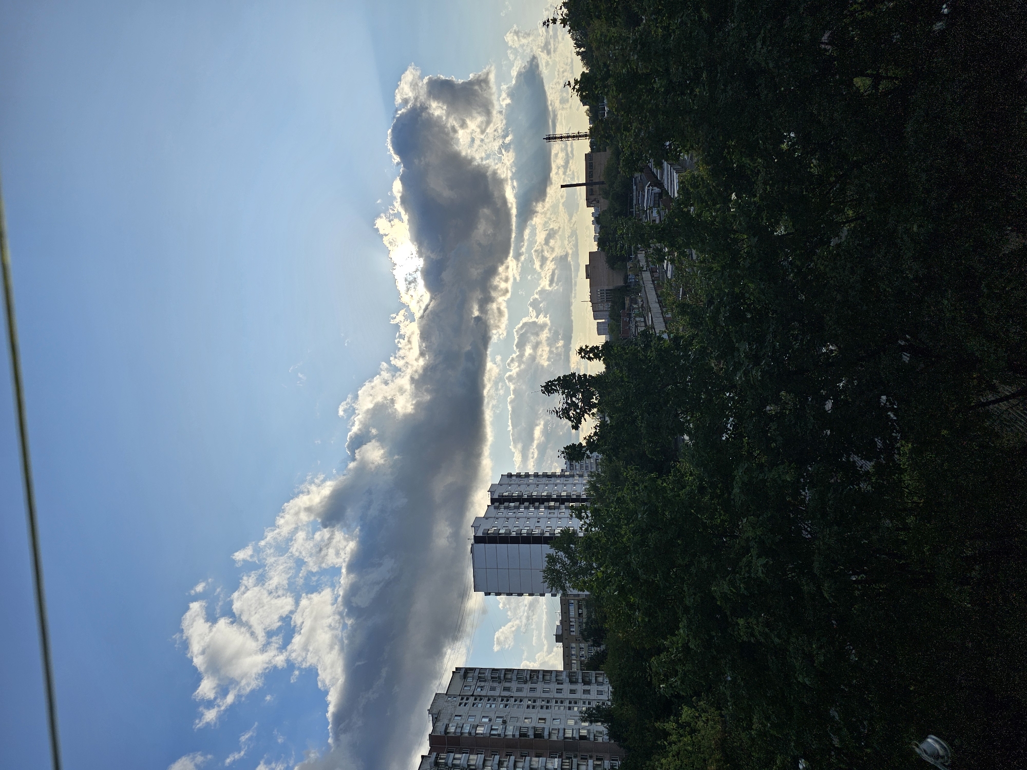The image depicts an urban landscape in Khimki, Russia, with a focus on the sky and foreground trees. Two tall, multi-story residential buildings with balconies are visible on the left side of the frame, one appearing older and the other more modern. A smaller, lighter-colored residential building is situated between them. The foreground is dominated by dense, dark green foliage from trees, obscuring the lower portion of the scene. In the background, beyond the trees and residential buildings, several industrial structures and other buildings are present. A prominent feature of the sky is a large, dark cloud formation with bright rays of sunlight emanating from behind it, suggesting a late afternoon or early evening setting. A thin, dark line, likely a wire, stretches across the top of the frame. The overall scene is one of a residential area with industrial elements and a dramatic sky.