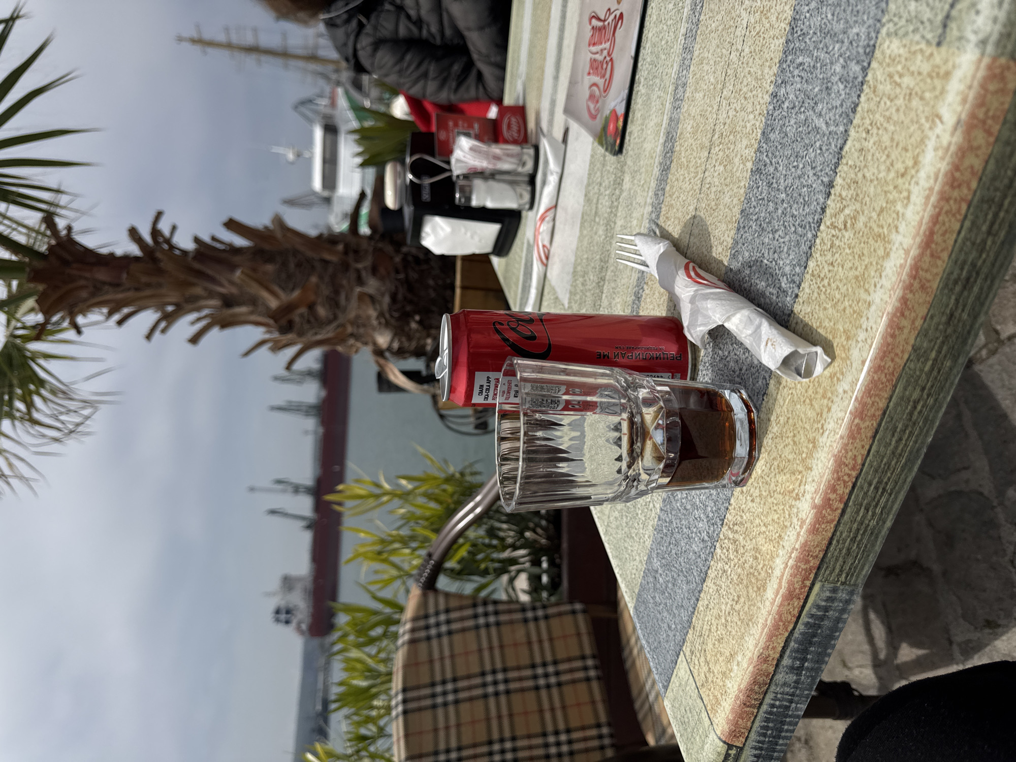 A table in Varna, Bulgaria, features a can of Coca-Cola in Cyrillic script, a glass containing a dark liquid, a wrapped fork, and a condiment set on a striped tabletop. A palm tree and a glimpse of the Black Sea are visible in the background, with ships docked in the distance. A person is seated at the table, partially visible, wearing a dark jacket. A plaid purse rests beside the table's edge.