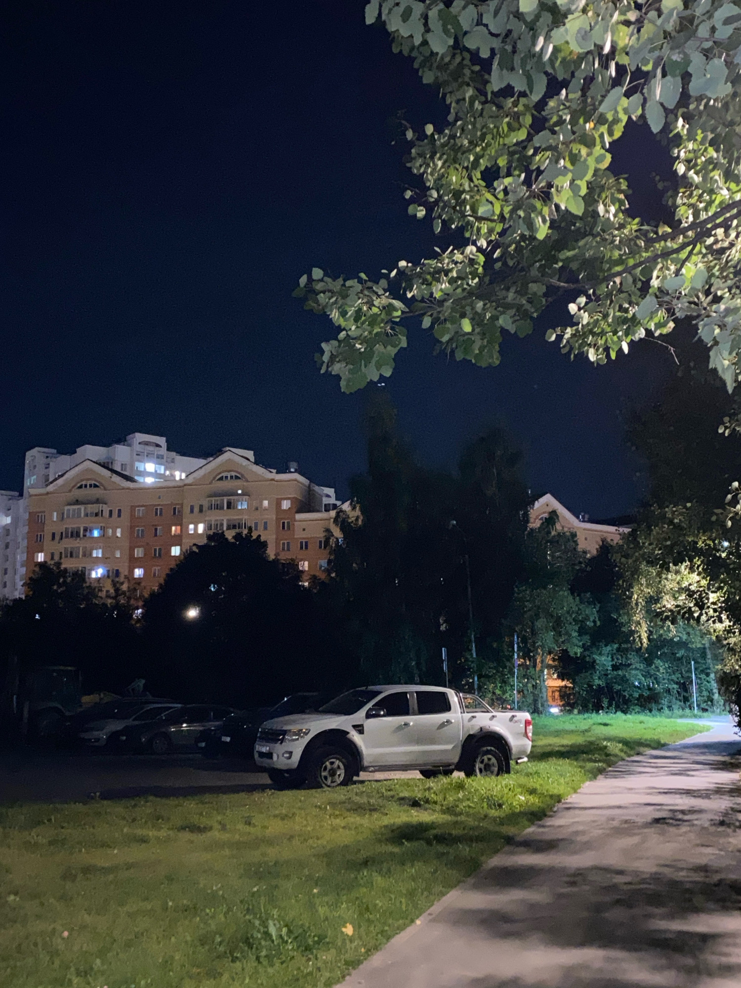 A nighttime outdoor scene captures an apartment complex in the background, illuminated by internal lights. In the foreground, parked cars are visible on a patch of grass next to a paved walkway. A white pickup truck is prominently featured in the foreground, parked on the grass. Trees with green leaves frame the top of the image, against a dark night sky.