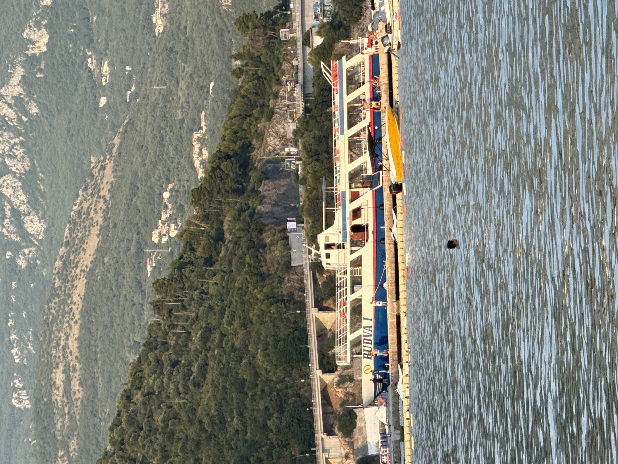 A wide shot captures the waterfront of Budva, Montenegro, with a large passenger boat named "BUDVA I" docked in the foreground. The boat, painted white with blue and red trim, has multiple decks and windows, suggesting it is used for tours or transportation. Several people are visible on the dock and the boat, some appearing to be crew or passengers. A bright yellow speedboat is also moored alongside the larger vessel, with the engines visible.
In the background, a modern bridge spans across a body of water, with traffic visible on its upper level. Beyond the bridge, a steep, densely forested hillside rises, dotted with houses and buildings, indicating the city's proximity to the mountainous terrain. The water in the foreground is choppy, with a person swimming in the distance. The overall scene depicts a bustling waterfront area on a sunny day, with elements of transportation, leisure, and the natural landscape of Budva.