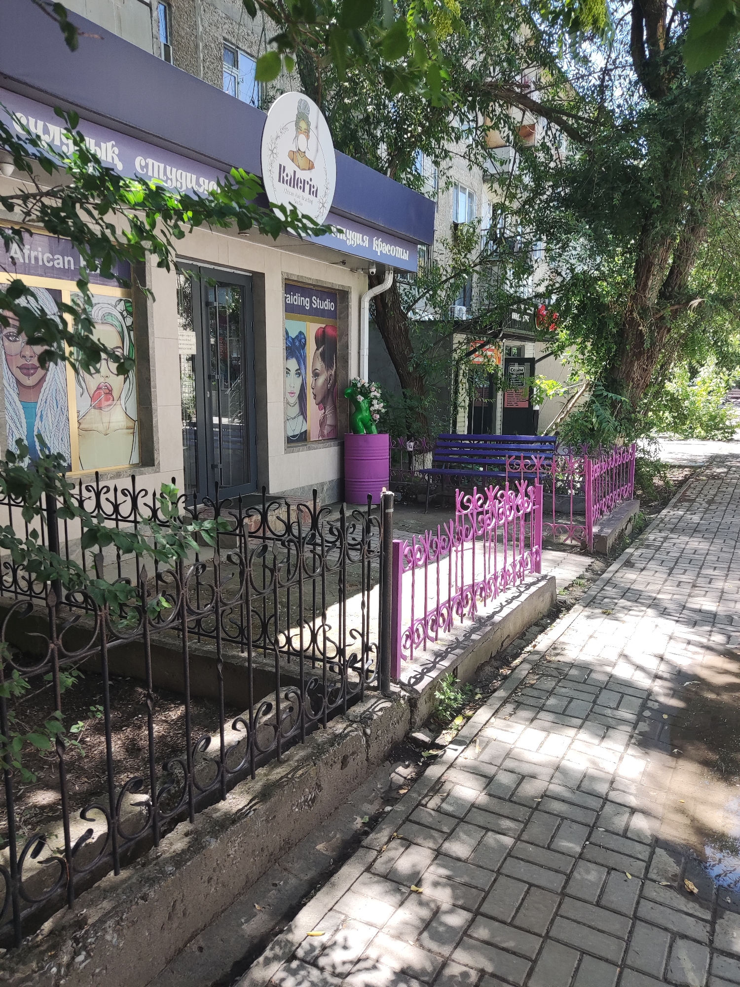 The image shows a storefront in the city of Shymkent, Kazakhstan. The storefront is for a business called "Kaleria," which appears to be a braiding studio, as indicated by the sign and the images of women with braided hair displayed in the windows. The exterior of the shop is decorated with purple accents, including a fence, a bench, and a large purple barrel. The sidewalk in front of the shop is paved with gray bricks, and there are trees and foliage surrounding the area. The overall scene suggests a sunny day in a moderately urban environment.