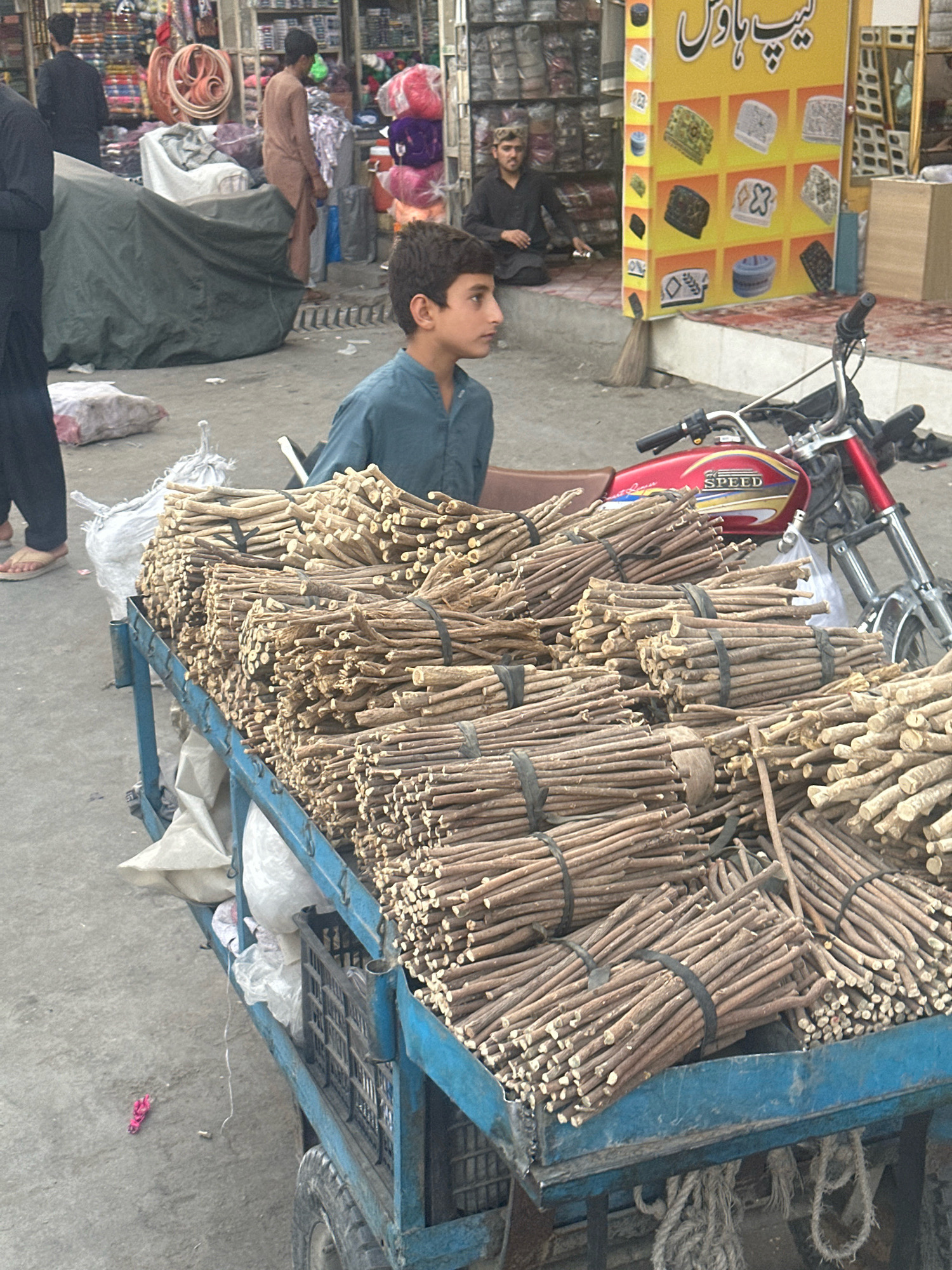 The image depicts a street scene in Quetta City Tehsil, Pakistan, likely a market area. In the foreground, a young boy in a teal shirt stands beside a blue cart overflowing with bundles of dried plant stems, likely licorice roots, used for chewing. The cart is laden with numerous tightly bound bunches of these roots, stacked high. Behind the cart, a red motorcycle is partially visible. Further back, several individuals are present. One man in traditional attire stands near a stall displaying various items, including coiled textiles. Another man, also in traditional clothing, is seated near a large yellow sign featuring images of caps. Various market stalls and goods are visible in the background, suggesting a bustling commercial environment. The ground is paved with concrete.