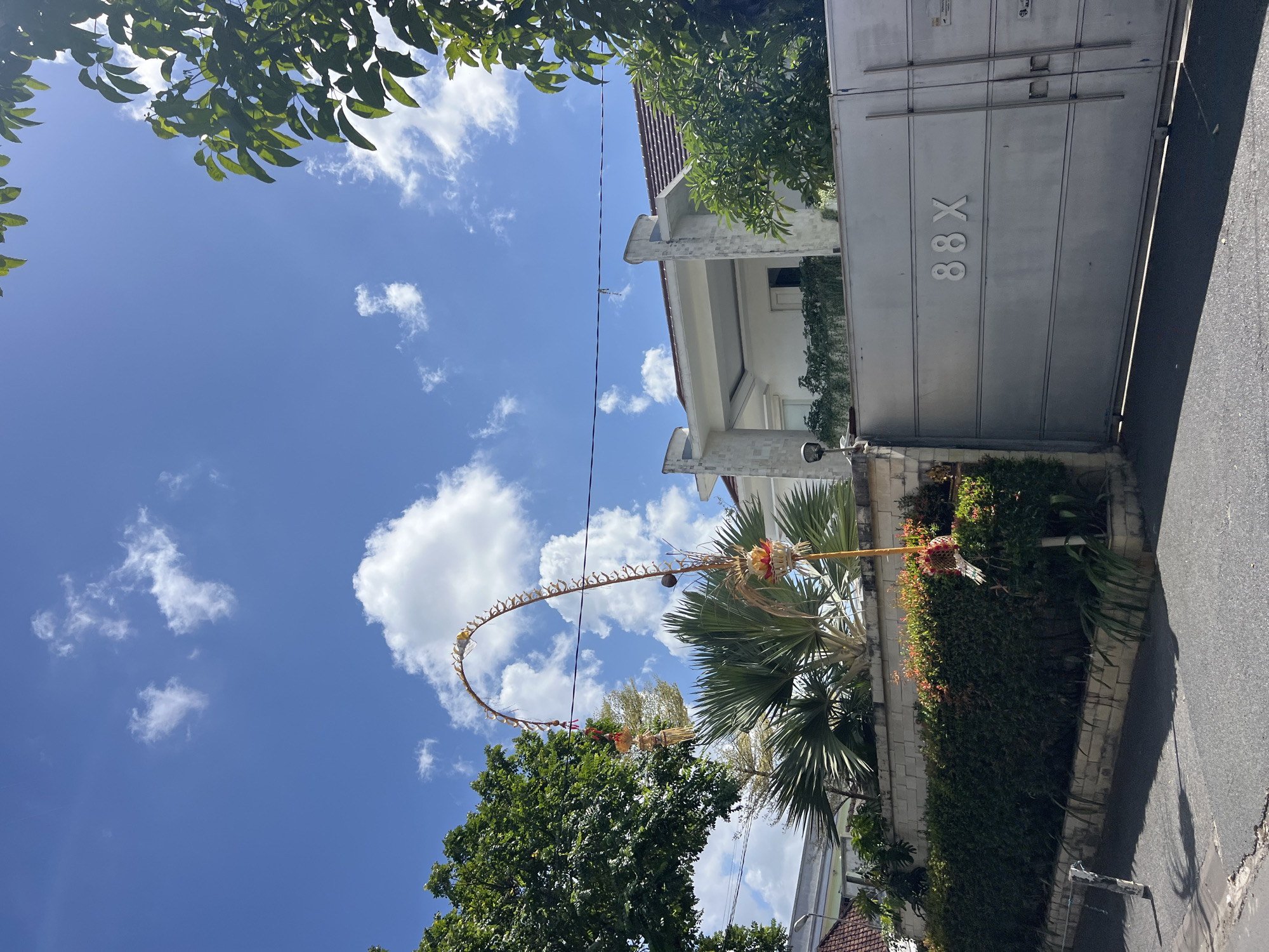 The image depicts the exterior of a residential property in Denpasar, Indonesia, on a sunny day with a blue sky and scattered white clouds. A large, grey metal gate with the inscription "88X" is prominently featured on the right side of the frame. To the left of the gate, a white stone wall separates the property from the street, topped with dense green hedges and flowering plants with red and orange blossoms.
A tall, curved bamboo structure, likely a Penjor or ceremonial pole, arches over the property from the left side. This structure is decorated with woven elements and what appear to be floral arrangements. A large palm tree with fan-shaped leaves is visible behind the wall and hedges. Trees with green foliage are present on the left and right sides of the image, framing the scene. Behind the wall and vegetation, a modern white house with a tiled roof and columned entrance is partially visible. The street in front of the property is paved with asphalt, showing tire marks and a shadow cast from a thin pole or signpost. A black electric cable stretches across the upper portion of the image, strung between unseen supports. The overall impression is one of a well-maintained residential area in a tropical climate.