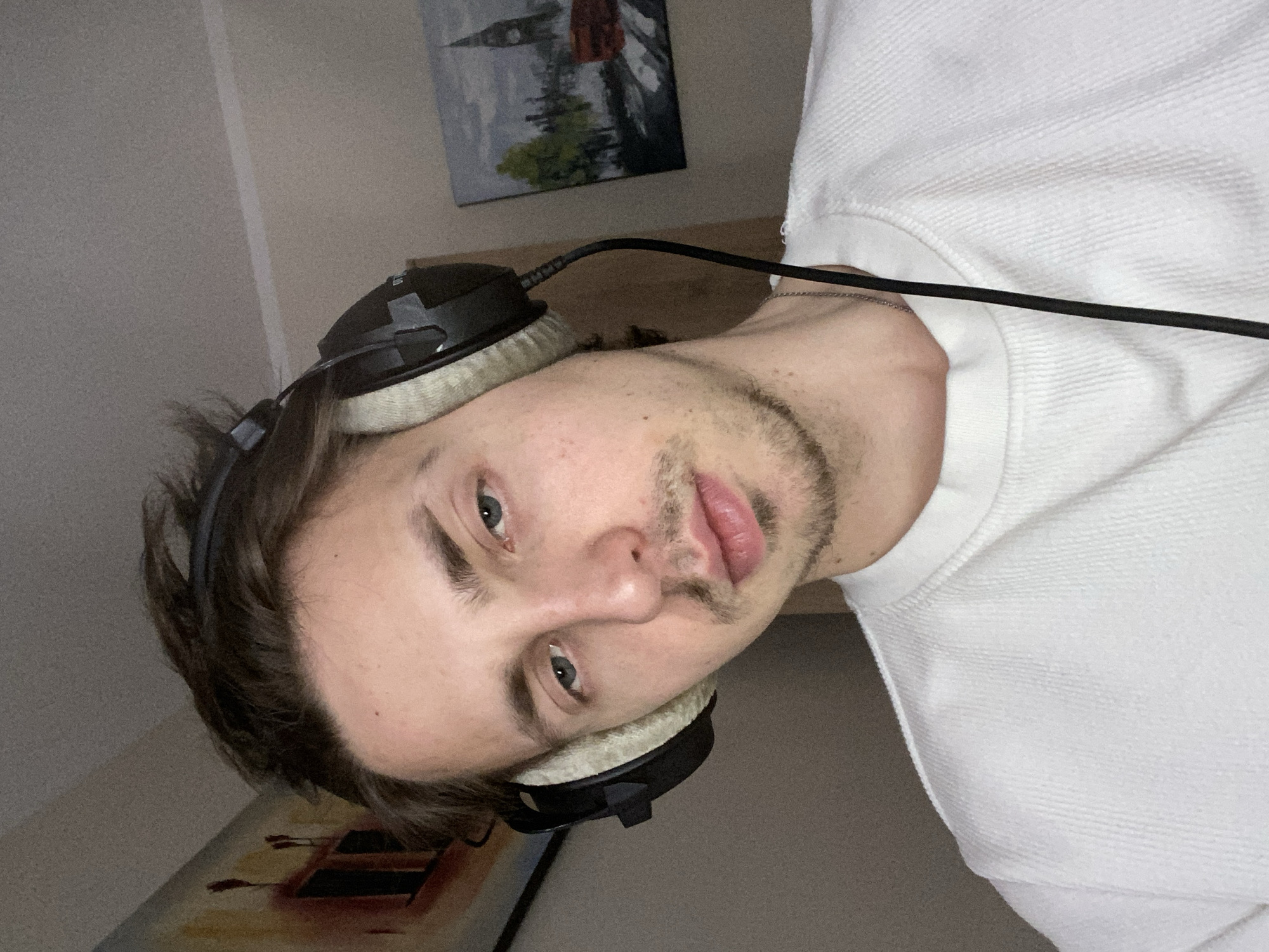The image displays a male individual, appearing to be an adult, positioned indoors. He has brown hair and light-colored eyes, with light facial hair consisting of stubble and a goatee-style beard. The subject wears circumaural headphones with black earcups and light-colored, plush ear pads; a black cable extends downward from the left earcup. He is dressed in a white, textured, long-sleeved garment, and a thin metallic chain is visible around his neck. The individual is looking directly at the camera. The background features a plain light-colored wall. On the left, a partially obscured, framed abstract artwork with warm tones is visible. On the right, a smaller framed painting depicts a cityscape, including a prominent tower resembling Big Ben and a red bus, suggesting a London scene. The location in the city of Šušanj, Montenegro, cannot be ascertained from the visual information provided.