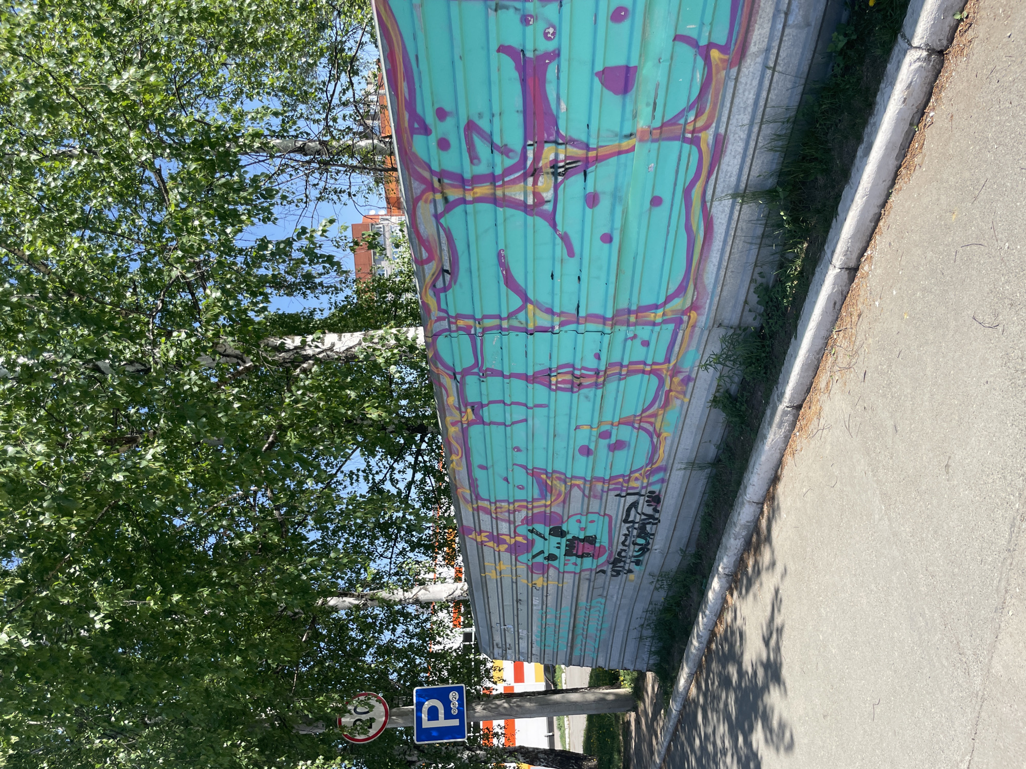 A roadside scene in Izhevsk, Russia, depicts a section of a corrugated metal barrier adorned with graffiti in blue, pink, and yellow hues. The barrier runs parallel to a sidewalk and an asphalt road. A parking sign and a speed limit sign for 20 km/h are positioned on a pole near the barrier. A tree with white bark and green leaves is visible on the left side of the frame, partially obscuring the signs and the barrier. The background includes a building with an orange facade.