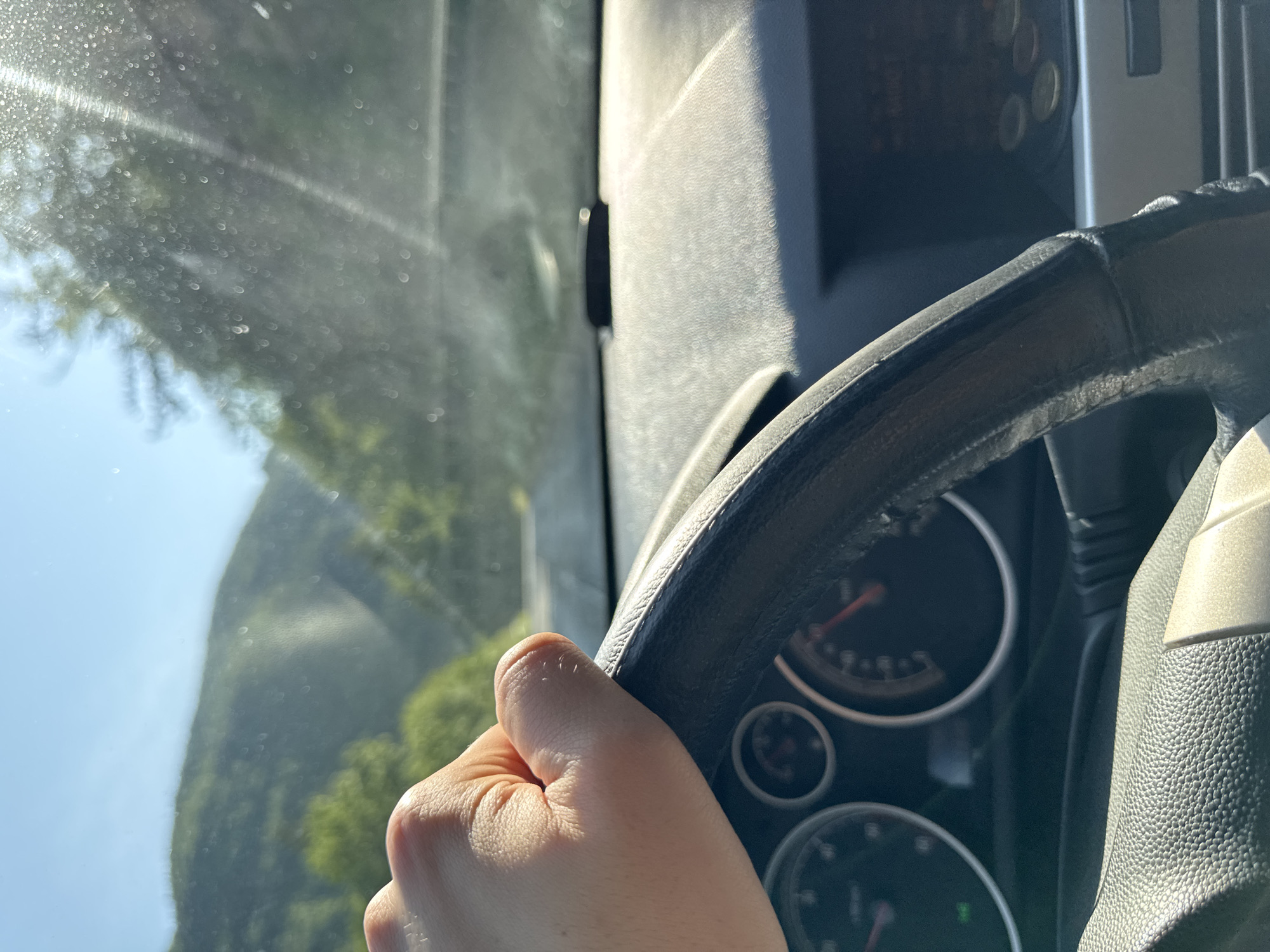 The image presents a first-person view from the driver's seat of a vehicle, looking out through the windshield. A human right hand, illuminated by sunlight, grips a dark, textured steering wheel in the foreground, suggesting active driving. Behind the steering wheel, portions of the vehicle's dashboard and instrument panel are visible, including circular gauges with red needles. A few coins are scattered on the dashboard surface to the right of the gauges.
The windshield is covered in numerous small droplets or dust, creating a speckled, slightly hazy effect. Through this, a bright, clear blue sky is visible on the left, while a verdant, mountainous, or hilly landscape, densely covered with green trees and foliage, stretches across the center and right. The strong sunlight indicates a clear, bright day, likely morning or afternoon. The scene captures a journey through a scenic, natural environment, consistent with the Taran region of Bulgaria. No discernible text is visible on any objects.