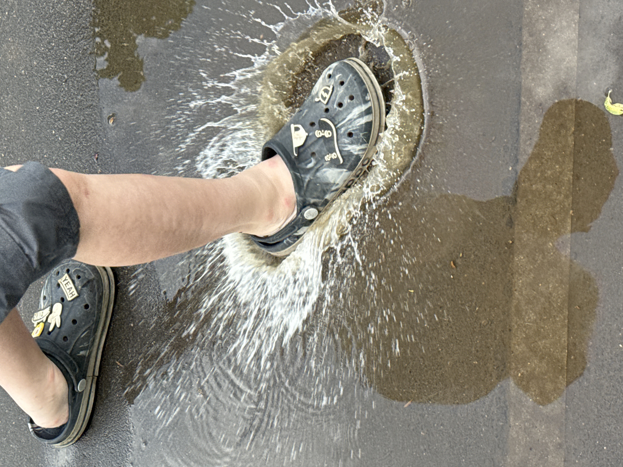 A person wearing grey Crocs steps into a puddle on a paved surface. Water splashes around the right foot, which is fully submerged in the puddle. The left foot is visible, also wearing a Croc. The person is wearing grey shorts. The paved surface is wet, with a clear dividing line between two different textures or colors. A small leaf is visible near the right edge of the frame. The location is Dmitrov, Russia.