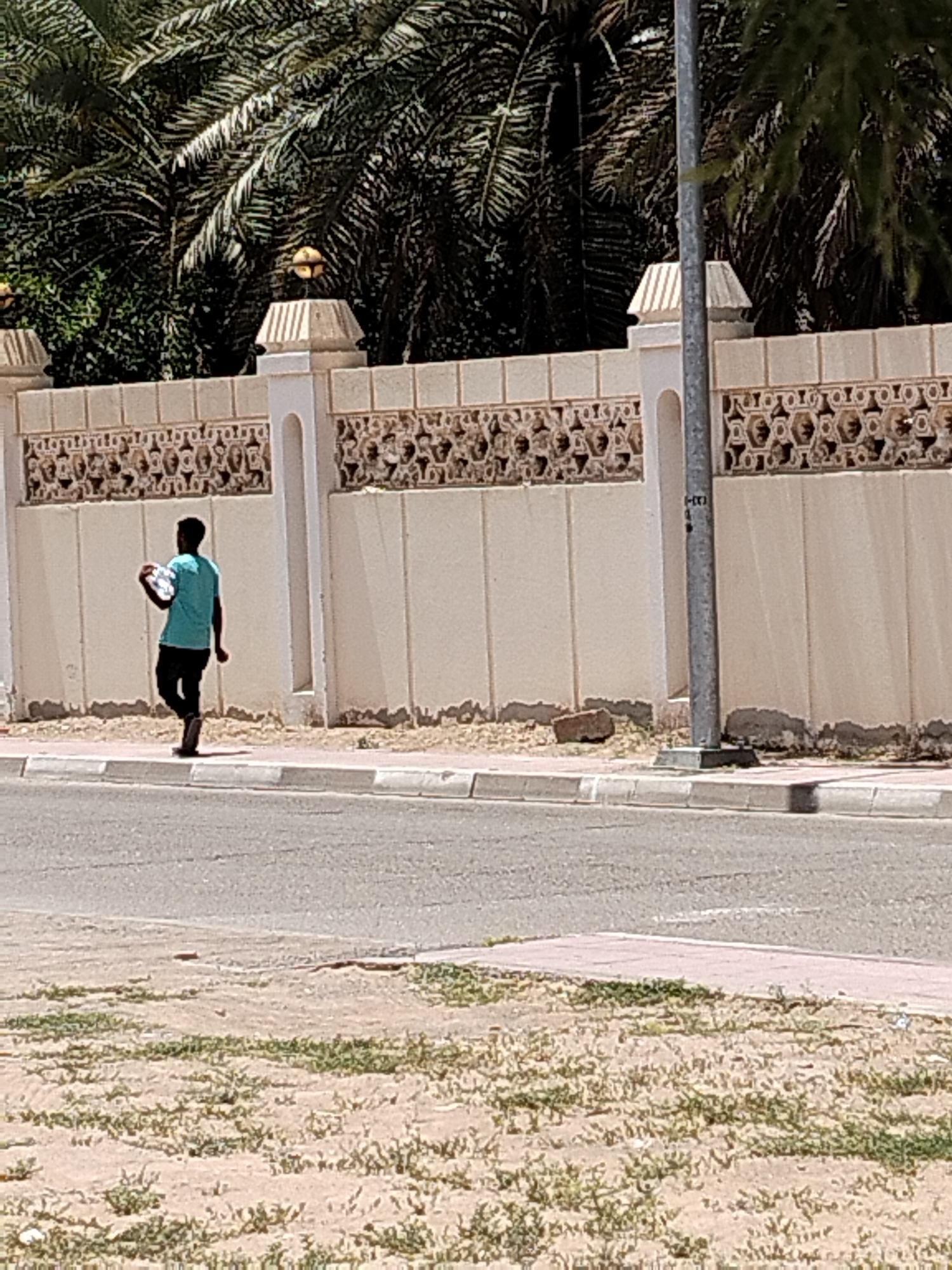 A person is walking on a sidewalk next to a street in Al Mas'oudi, United Arab Emirates. The person is wearing a teal shirt and black pants, and carrying what appears to be a tray with several white objects. A light-colored decorative wall runs alongside the sidewalk, separating it from a treed area with palm trees. There is a metal light pole next to the sidewalk. The ground in the foreground is sandy with sparse grass. The day appears sunny and bright.