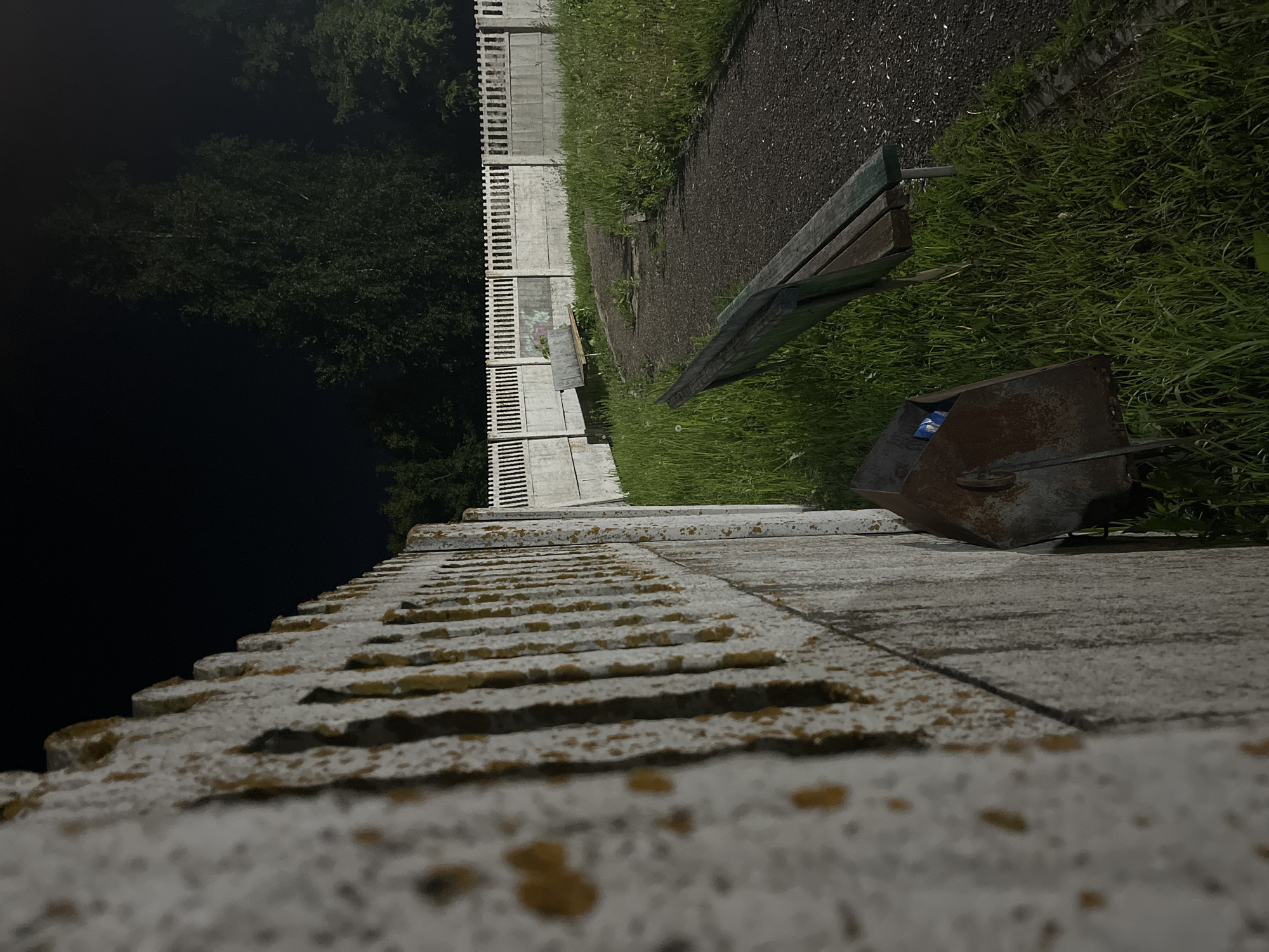 The image, presented rotated 90 degrees clockwise, captures a quiet outdoor scene at night in Ореховка, Russia.
In the foreground, a textured concrete surface, possibly part of a wall or barrier, occupies the bottom and left side of the frame. This surface is characterized by horizontal grooves and patches of yellowish-brown lichen growth.
Moving from left to right across the midground, there is a strip of green grass, followed by a dark, unpaved path or walkway. A wooden park bench with dark-colored slats is positioned on the right side of the path, and a rusted metal trash bin containing a blue item is visible in the grass nearby.
Further into the background, a long, light-colored concrete or stone fence or wall with a repeating pattern of vertical sections extends horizontally across the frame. Indistinct graffiti or markings are visible on the lower parts of this wall.
Behind the fence, the dense, dark foliage of trees is silhouetted against a completely black sky, strongly indicating it is nighttime. The scene is illuminated by unseen artificial light sources, casting a soft, even glow on the ground and objects. The absence of people and the low light contribute to a peaceful and still atmosphere. No specific activity or event is taking place.