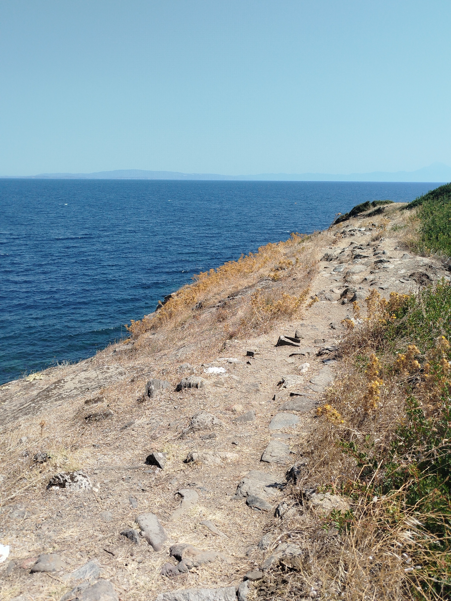 This image depicts a rocky coastal path with sparse vegetation, sloping down towards the Aegean Sea. The path appears to be made of irregular stones and is bordered by dry, yellowish grasses and some green bushes. The sea is a deep blue and calm, with a hazy landmass visible on the horizon. The sky is clear and pale blue. The scene suggests a natural, somewhat arid coastal environment.