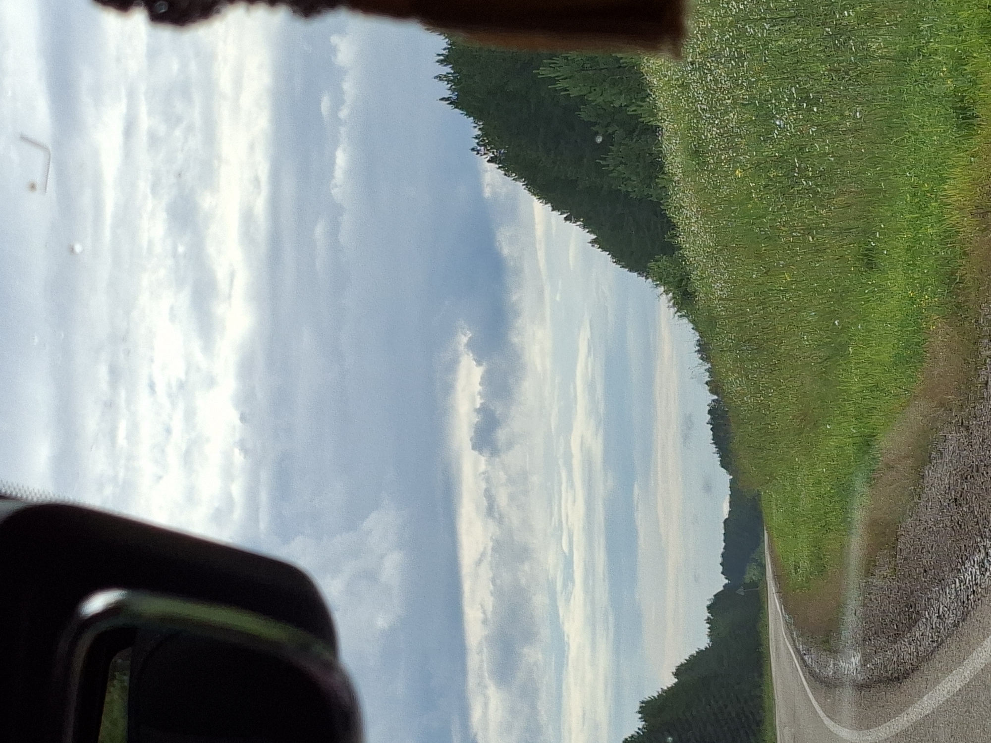 The image shows a view from inside a vehicle, looking out a side window. The perspective is tilted, suggesting the vehicle may be on an incline or the photo has been rotated.
The foreground is dominated by a dark, curved object which appears to be part of the interior of the vehicle, possibly a dashboard or seat. Through the window, a vast sky fills the left side of the frame, characterized by streaks of white clouds against a pale blue background. The clouds appear wispy and stretched horizontally.
On the right side of the frame, a vibrant green field stretches into the distance, lined by a dark, dense treeline. The field is dotted with small white flowers, adding texture and detail. A paved road curves into the distance, bordering the field on the right. The road has white lane markings.
The scene suggests a daytime setting, likely under partly cloudy skies. The lush green of the field indicates a period of growth, possibly spring or summer. The overall impression is one of a scenic drive through a rural landscape in Russia. There is no visible text in the image.