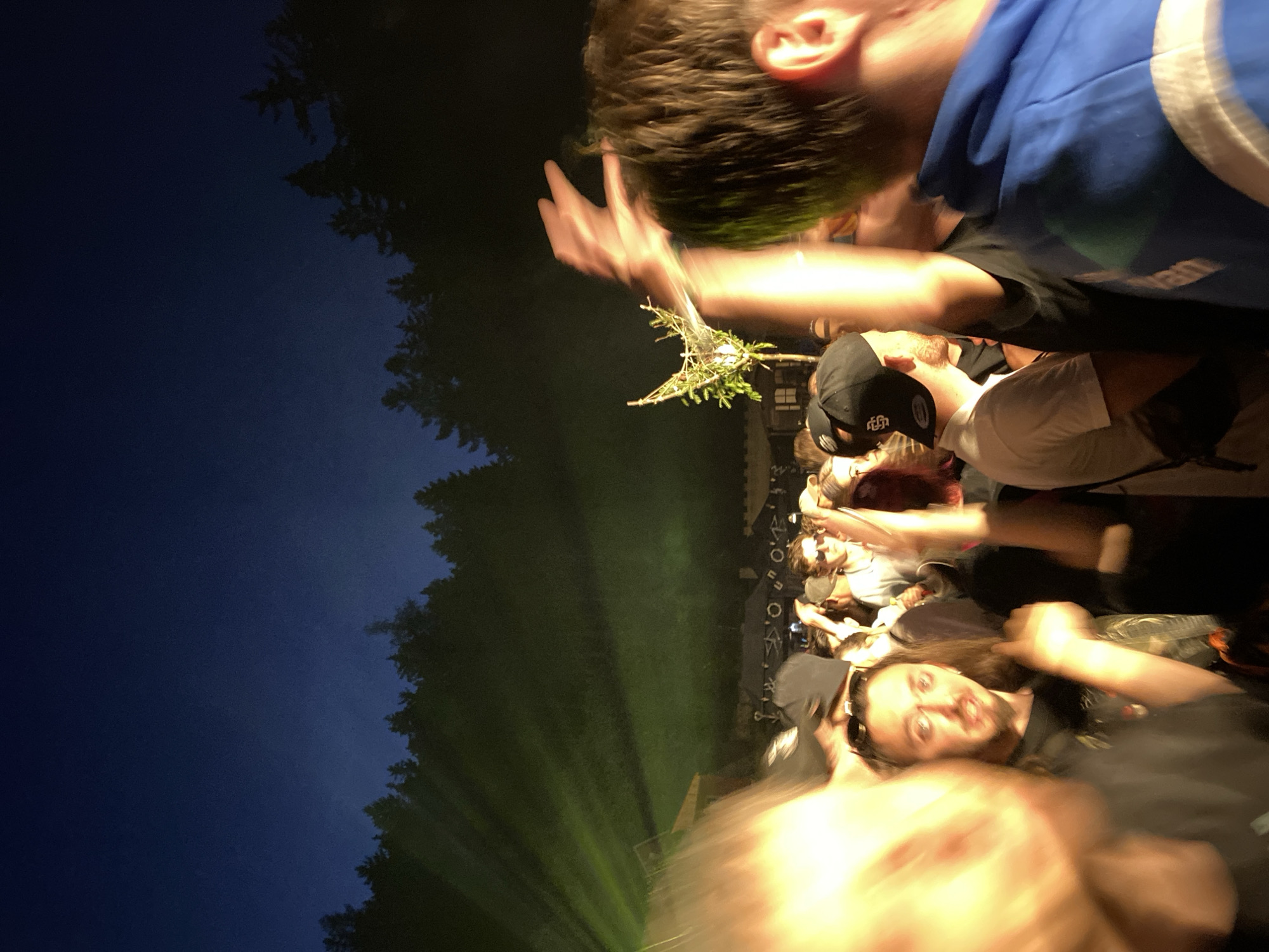 A crowd of people are gathered outdoors at night, possibly at a festival or concert. The sky is dark blue and the trees in the background are silhouetted against it. Green lights are projected onto the trees from the left side of the image, creating a spotlight effect. In the foreground, several people are visible, some with their faces blurred due to motion. One person in the center foreground has long dark hair and is looking at the camera. To the right, a person wearing a blue hoodie is partially visible. In the mid-ground, there is a structure decorated with branches and greenery. The overall scene suggests a lively outdoor event.