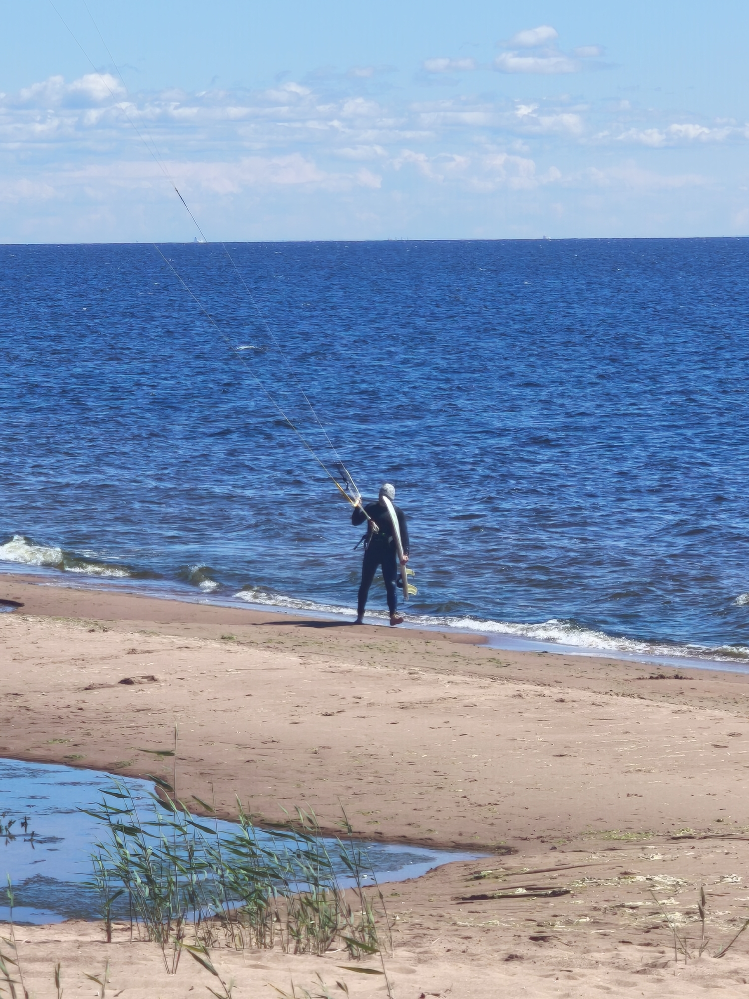 A person dressed in a black wetsuit walks along the sandy shore of the Gulf of Finland, holding a kiteboarding bar and lines. The person is facing away from the camera and toward the blue water. The sea is calm with small waves breaking on the shore. The sky is blue with scattered white clouds. In the distance, faint structures are visible on the horizon. The foreground shows the sandy beach with some vegetation and a small pool of water. The overall scene depicts a typical summer day at the coast.