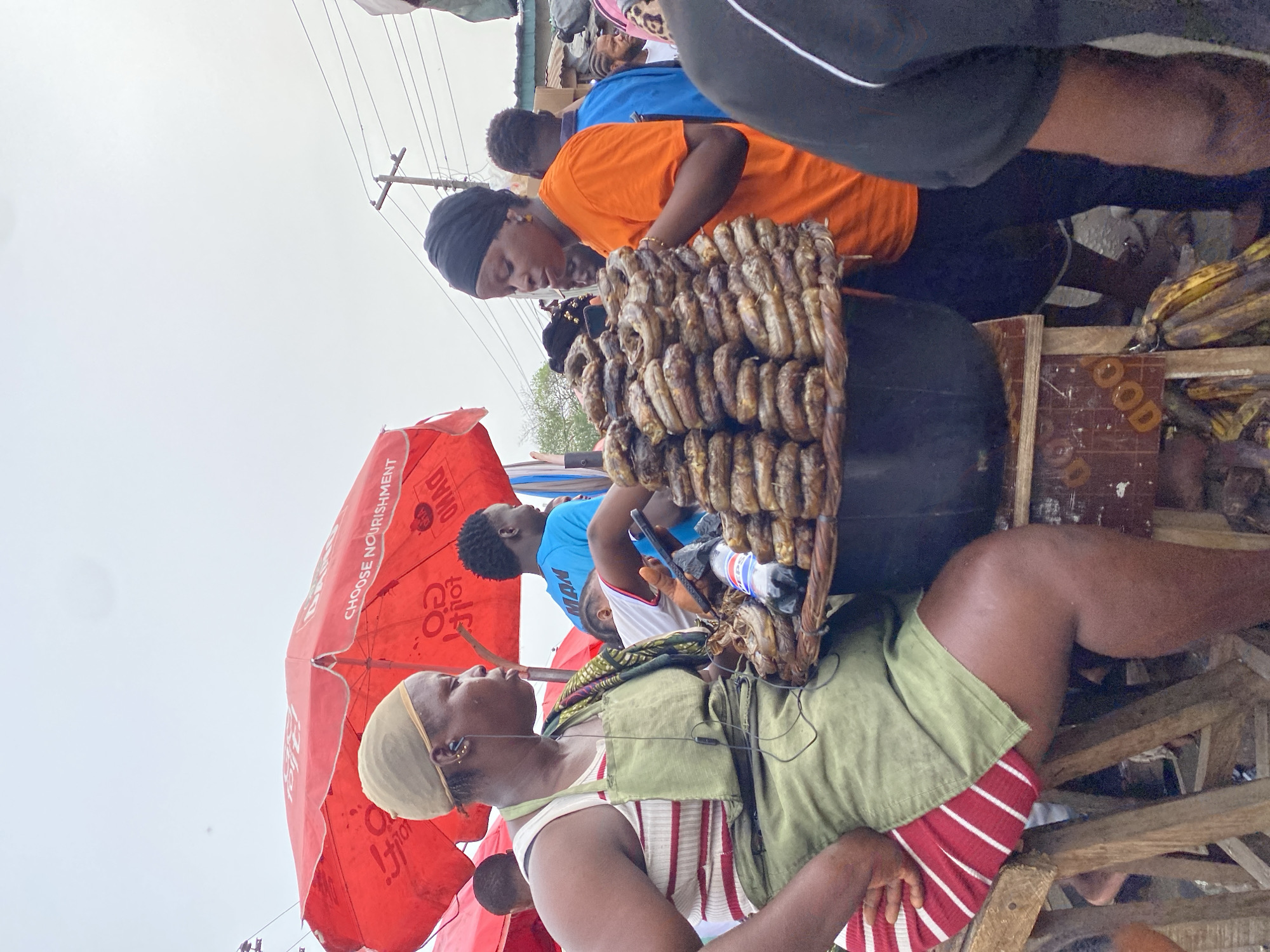 This image captures a vibrant outdoor market scene in Lekki, Nigeria, during the daytime under an overcast sky.
In the foreground, a woman is seen from the chest up, wearing a light-colored headscarf, a red and white striped top, and a green apron-style garment. She has earphones plugged in, looking towards the right side of the frame.
Central to the image is a prominent display of numerous smoked or dried fish, arranged neatly in rows on top of a dark, circular object, likely a container or stand. Behind this fish display, another woman in an orange t-shirt and a black headscarf is leaning over, appearing to inspect the fish, suggesting she is a vendor or customer. Further back, a person in a blue t-shirt is partially visible.
The scene is partially shaded by a large red market umbrella, which prominently displays text including "CHOOSE NOURISHMENT", "DYMO", and "MAMA". To the right of the fish stall, a bunch of ripe bananas and a wooden panel with the partial word "OOD" (likely part of "FOOD") are visible. Overhead, utility poles and power lines extend across the bright, pale sky, indicating an urban or semi-urban outdoor setting. The overall impression is one of active commerce and daily life in a local market.