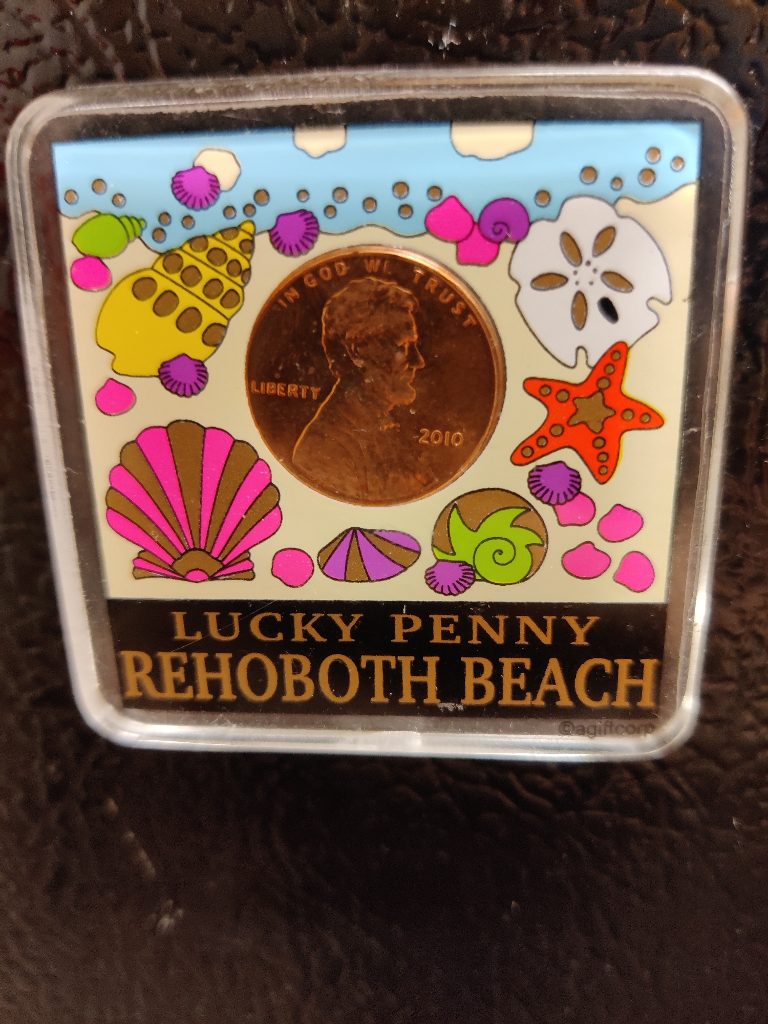 The image shows a close-up of a souvenir keychain featuring a penny from 2010. The penny is encased in a rectangular plastic holder with a colorful design of beach-themed illustrations, including seashells, a sand dollar, and a starfish. The background of the design depicts a light blue sky with white clouds and a beige beach. The text "LUCKY PENNY" and "REHOBOTH BEACH" is printed in a golden font below the penny. The keychain appears to be placed on a dark, textured surface. The location is not specified within the image itself, but the text "REHOBOTH BEACH" suggests a connection to that location. This object is not located in Lower Paxton Township, United States of America.