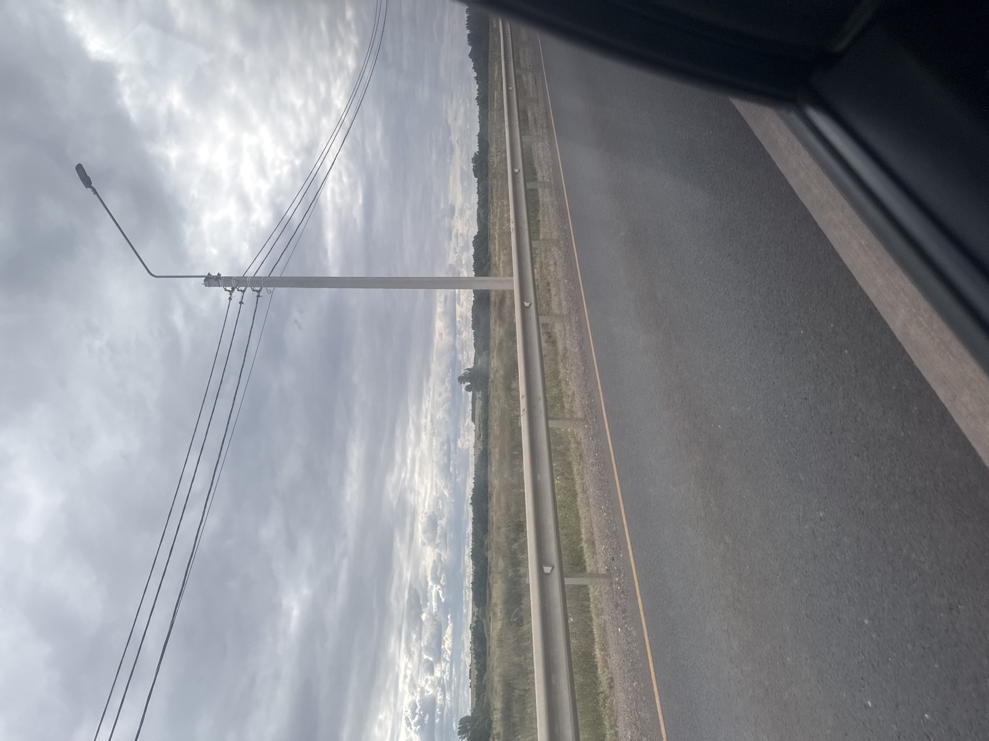 An exterior, daytime, eye-level shot captures a roadside scene with an overcast sky. The foreground features an asphalt road with a single yellow line on the left side. A metal guardrail runs parallel to the road, separating it from a field of dry grass and sparse vegetation. In the background, a line of trees creates a distant horizon. A tall, concrete utility pole with multiple wires and a street lamp stands prominently against the cloudy sky. The image appears to be taken from a moving vehicle, as evidenced by the slight blur and the reflection in the lower right corner, which shows a portion of the vehicle's interior. The location is identified as Novosergiyevka, Russia.