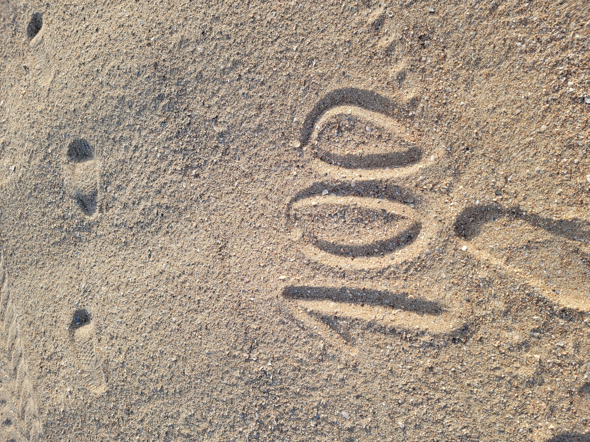 The image shows the number "100" written in the sand. There are also footprints in the sand. The scene appears to be on a beach in Quarteira, Portugal, as indicated by the context. The sand is a light beige color with small shells and pebbles mixed in. The sunlight casts shadows on the sand, highlighting the texture and depth of the writing and footprints. The overall impression is one of a sunny day at the beach.