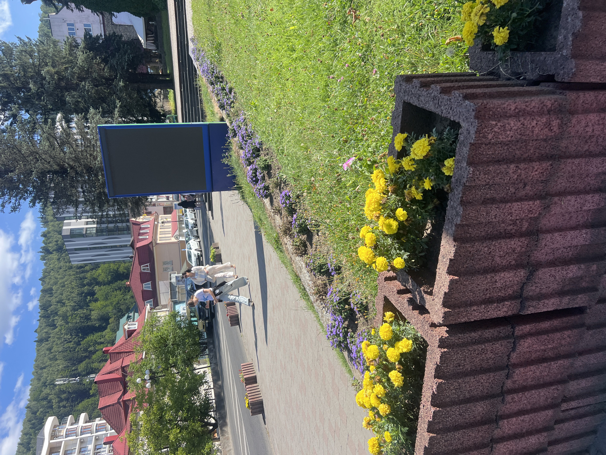 A sunny day is captured on a street in Yaremche, Ukraine, with a prominent digital billboard on the right side of the frame. The billboard is large and rectangular, with a dark screen and a blue frame. In front of the billboard and to the left, a grassy slope is adorned with rows of small purple flowers and vibrant yellow marigolds in planters. A sidewalk runs parallel to the street on the left side, bordered by a road with parked cars and a few pedestrians. Among them, two young women are walking, one pulling a suitcase. Behind them, buildings with red tiled roofs and a modern multi-story structure are visible. The background is dominated by a lush, tree-covered mountain range under a partly cloudy blue sky.