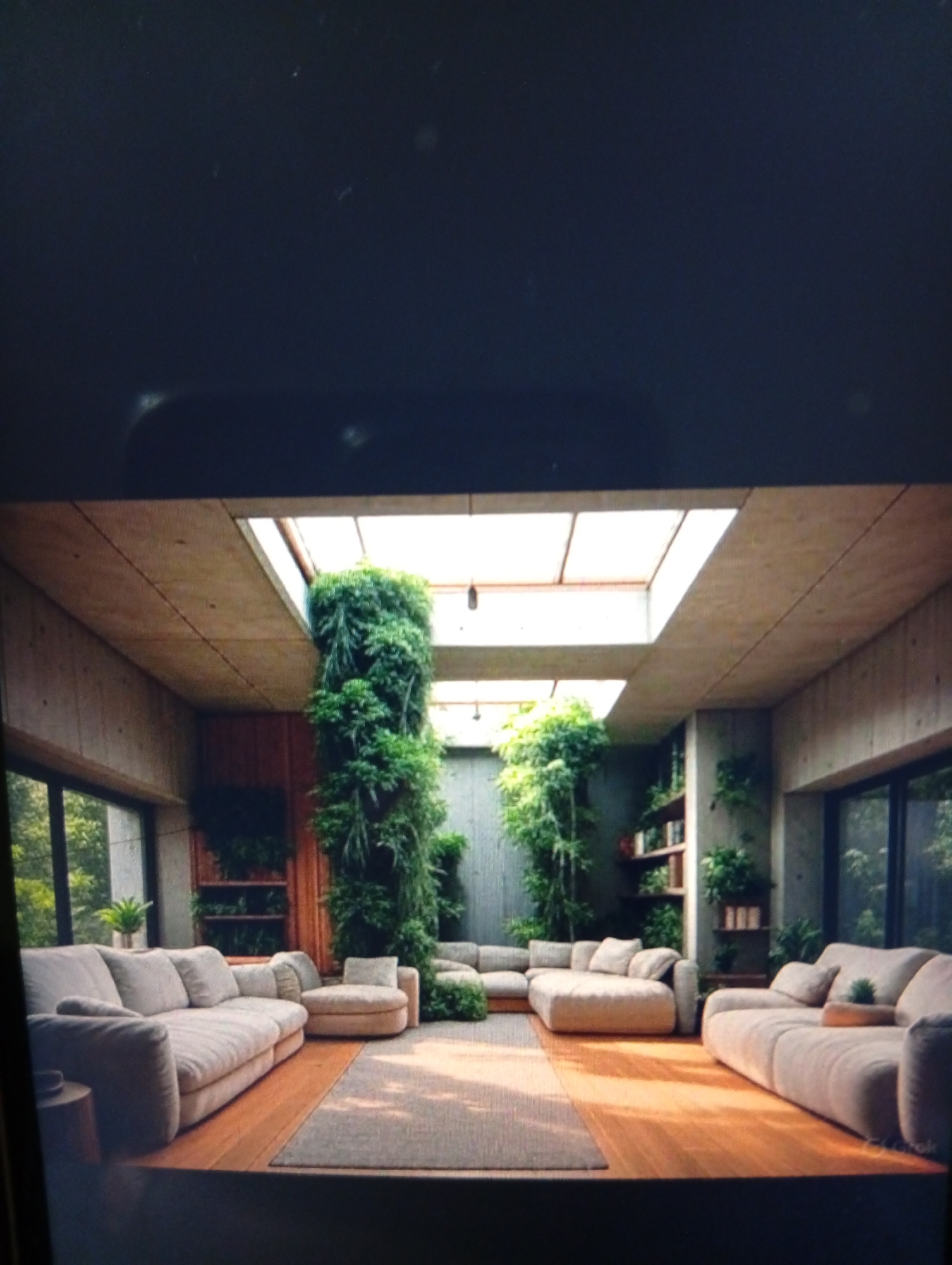 The image depicts a spacious, modern living room interior. The room features concrete walls and ceiling with a large skylight providing natural light. Three sectional sofas in a neutral color are arranged in the room, with a rug placed in the center. A wooden floor adds warmth to the space. Tall vertical gardens are incorporated into the design, bringing greenery indoors. Windows offer views of outdoor vegetation. Shelves filled with plants are also present. The location is not discernable from the image. There is no information provided suggesting that the location is Dutsen Alhaji, Nigeria. There is no information about the presence of people.