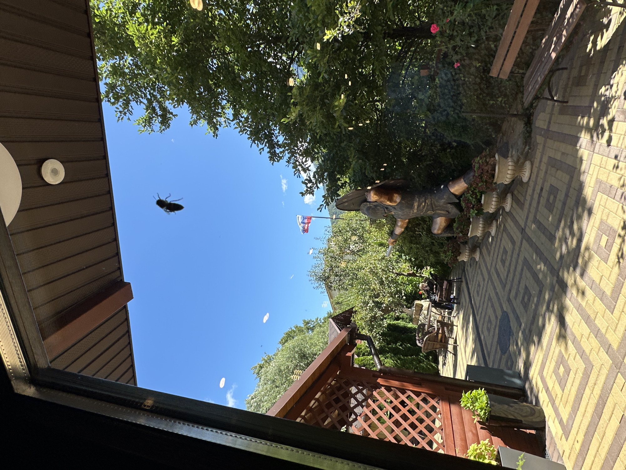 The image shows an outdoor seating area with a statue and a gazebo. The paving stones are arranged in a geometric pattern. There is a statue of a warrior with a shield and a spear. A Russian flag is visible in the background. The sky is blue and there are some clouds. A large insect is flying near the top of the image. The location is the city of Krasnaya Polyana, Russia.