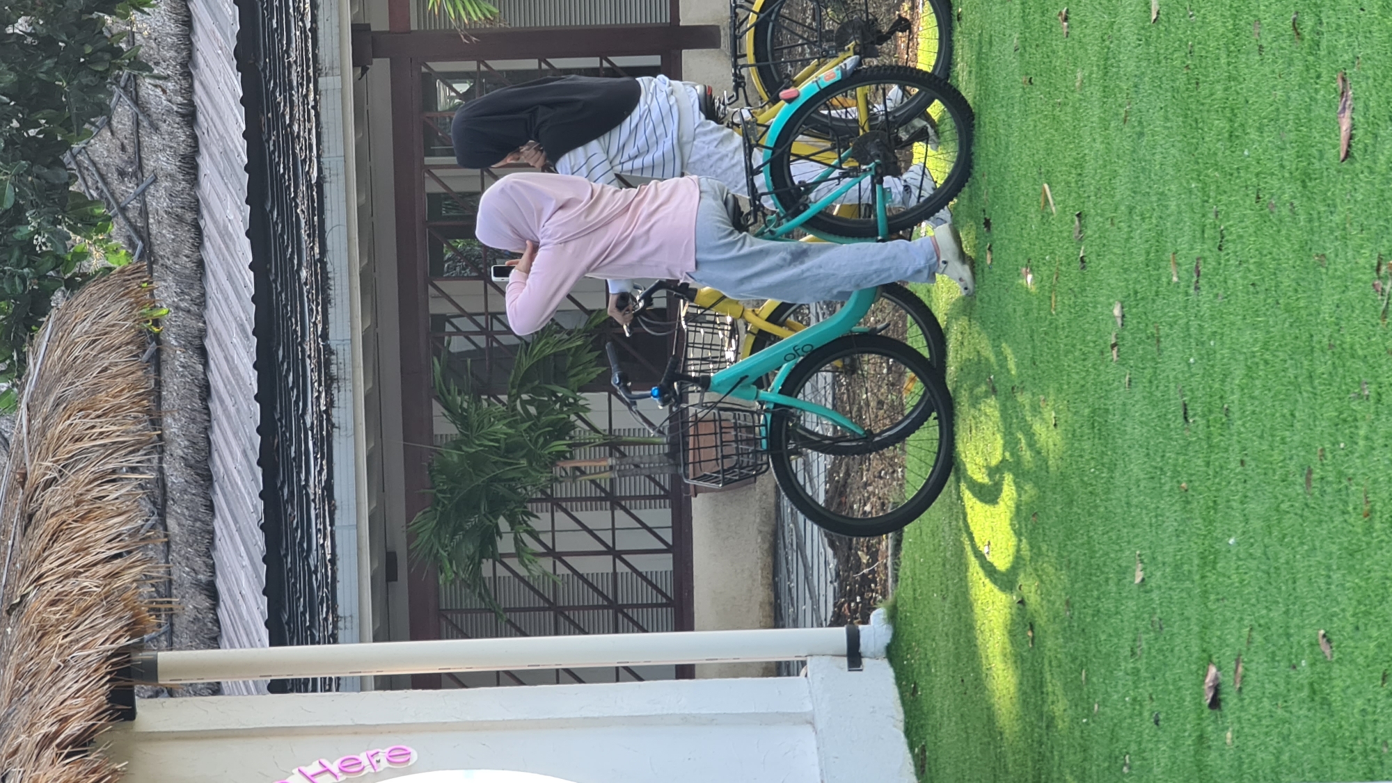 The image depicts two women dressed in hijabs, standing next to bicycles in what appears to be an outdoor setting. One woman, wearing a pink hijab and a pink long-sleeved shirt, is holding up a smartphone, seemingly taking a photo or video. She is also wearing light blue pants. The other woman, wearing a black hijab and a striped long-sleeved shirt, is seated on a yellow bicycle. Both women are standing on a green, grassy surface. In the background, there is a building with a thatched roof and a dark-colored awning supported by brown columns. A potted palm tree is visible behind the bicycles. The bicycles are turquoise and yellow, both equipped with front baskets. The scene is lit by sunlight, casting shadows on the grass. The environment suggests a recreational or tourist area, possibly within a resort or park. The presence of the "ofo" logo on the turquoise bicycle indicates it is a shared bicycle service, a common amenity in urban areas such as Denpasar, Indonesia, which is known for its tourist destinations and growing urban infrastructure.