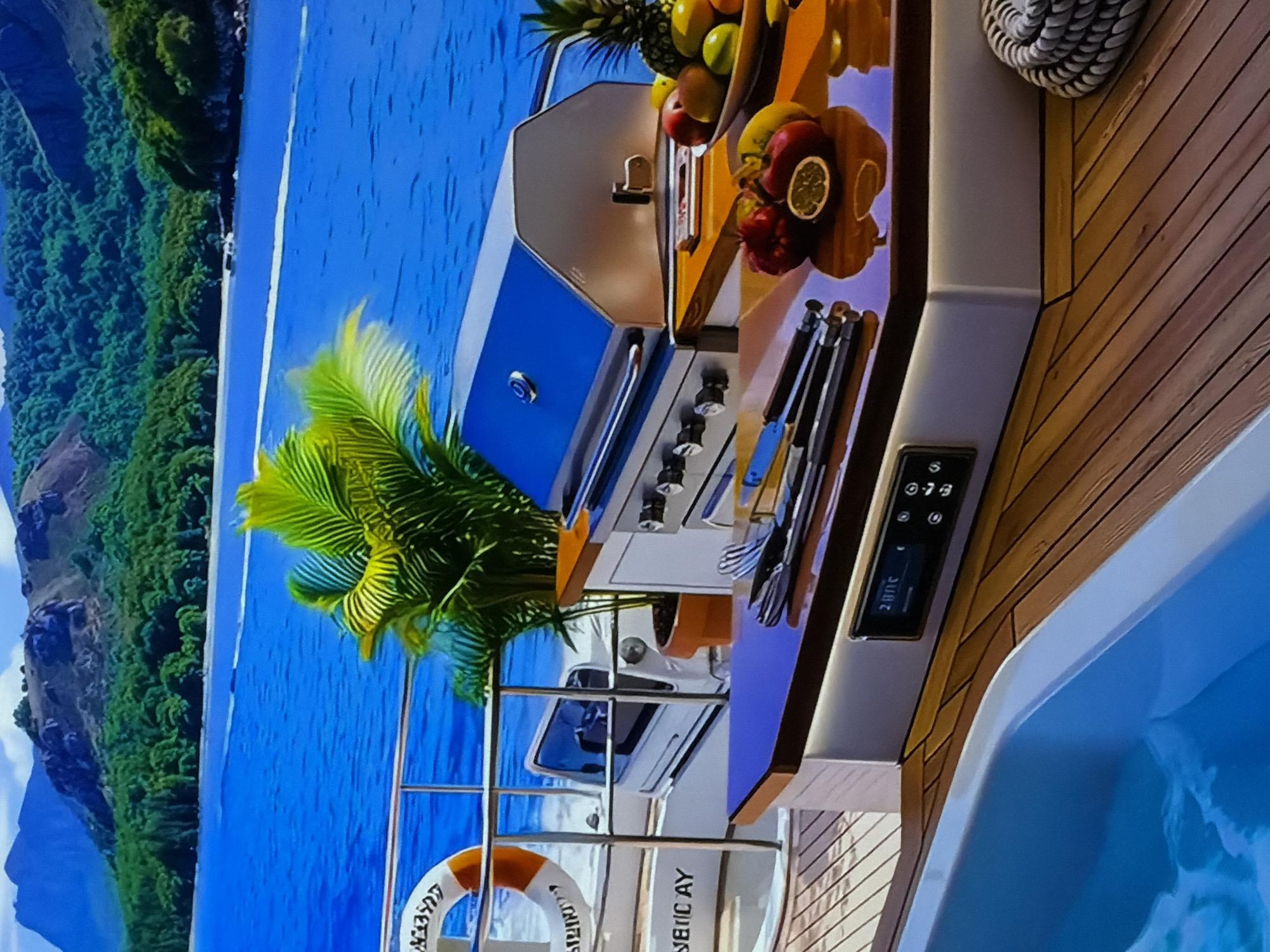 The image captures a luxurious outdoor setting, likely on the deck of a yacht or resort, presenting a vibrant tropical vista. The main subjects are the sophisticated blue and stainless steel gas grill, a bowl of fresh fruit, and the surrounding nautical and natural elements.
In the foreground, a prominent gas grill is positioned on a counter, with grilling utensils neatly arranged beside it. Adjacent to the grill, a wooden bowl overflows with various fresh fruits including pineapples, apples, lemons, and bananas, complemented by decorative wooden cutouts. A bright green palm frond extends into the frame, adding to the tropical ambiance. To the left, a white and orange lifebuoy hangs from a metal railing. A digital control panel, displaying "0-7.3" and "2.0°C", is embedded into the counter. Part of a sparkling blue pool or jacuzzi is visible on the right, suggesting a leisure area. The deck features light wooden planks arranged diagonally.
The background showcases a picturesque scene of clear blue water extending to the horizon, where lush, forested mountains or islands rise under a bright, sunny sky. The time of day is clearly daytime, with excellent visibility and sunny weather. No people are visible, but the setup implies a setting for relaxation, dining, and enjoyment in an opulent vacation environment.
Visible text includes "SAILOR GUEST" on the lifebuoy and "SYBER CAY" on a white surface below the counter. The digital display on the control panel shows specific numbers and a temperature reading. The overall impression is one of luxury, tranquility, and exotic travel.