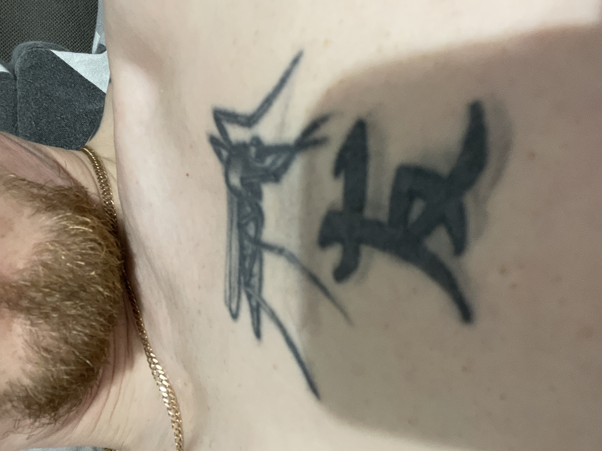 The image shows a close-up of a person's upper chest and shoulder area. A gold chain necklace is visible around the neck. The person has red hair on their shoulder and a beard. The skin has multiple freckles. Two tattoos are present: one appears to be a silhouette of a figure with long appendages, possibly an insect or stick figure, and the other is an abstract, possibly calligraphic, design. No information in the image can identify it's location as being Sarapul, Russia.