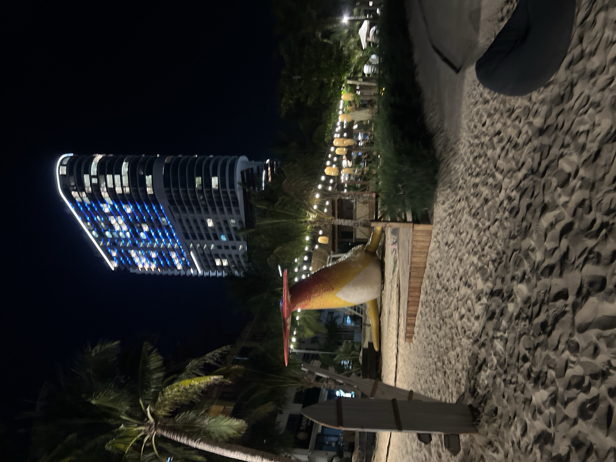 This media file captures a nighttime scene on a beach in Nha Trang, Vietnam. The primary subjects are a modern, illuminated building with a curved facade showcasing numerous windows lit with blue and white lights, and a brightly colored, stylized fish sculpture with a long bill, placed on a wooden platform. The fish is painted in shades of yellow, red, and white.
The setting is a sandy beach at night, with a pathway lined with string lights that cast a warm glow. Palm trees are visible, adding to the tropical ambiance. In the background, beyond the string lights, there are glimpses of other structures and vegetation, suggesting a resort or entertainment area. The overall mood is festive and inviting, likely indicating a lively atmosphere for tourists.
Notable details include the time of day, which is clearly night, indicated by the dark sky and artificial lighting. The weather appears clear, suitable for an outdoor evening setting. The presence of beach sand, palm trees, and a modern building with a beachside promenade strongly suggests a coastal resort location.
No visible text is discernible in the media file. The activity or event taking place is implied to be a recreational or dining experience at a beachside establishment, illuminated by decorative lights, creating a vibrant nighttime ambiance.