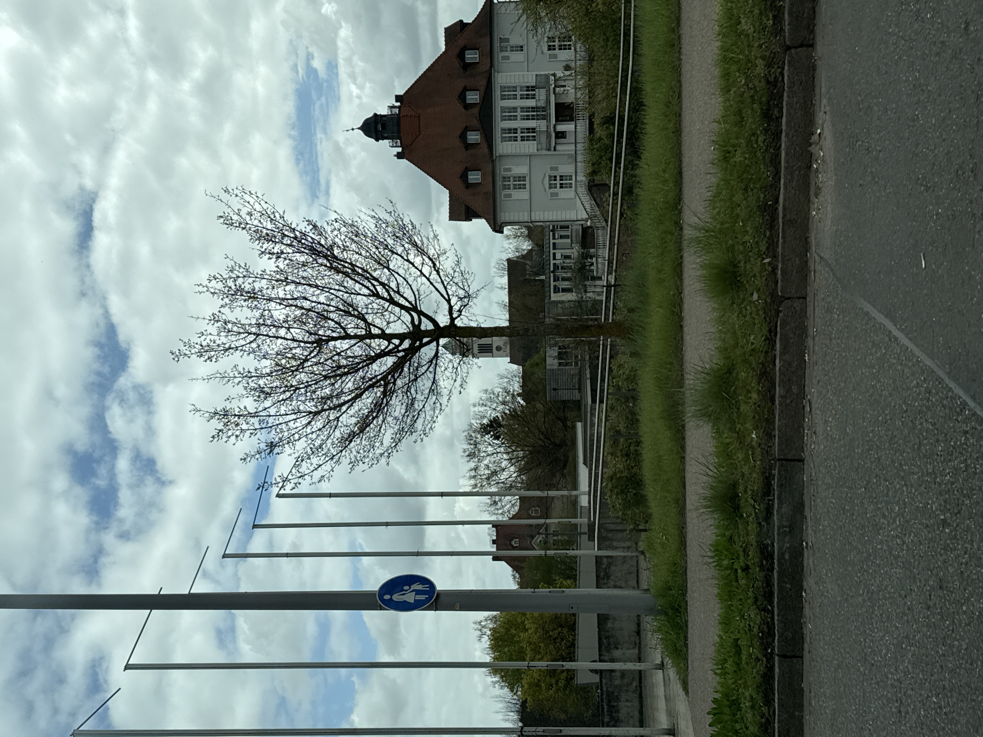 The image captures a scene in Kehl, Germany, featuring a sidewalk alongside a street. A metal railing with evenly spaced vertical poles is visible, one of which bears a blue sign indicating a shared pedestrian and bicycle path. A bare tree stands between the railing and a large, light-colored building with a red tile roof and a tower on top. The sky is cloudy, with patches of blue visible. Vegetation lines the side of the sidewalk away from the railing.
