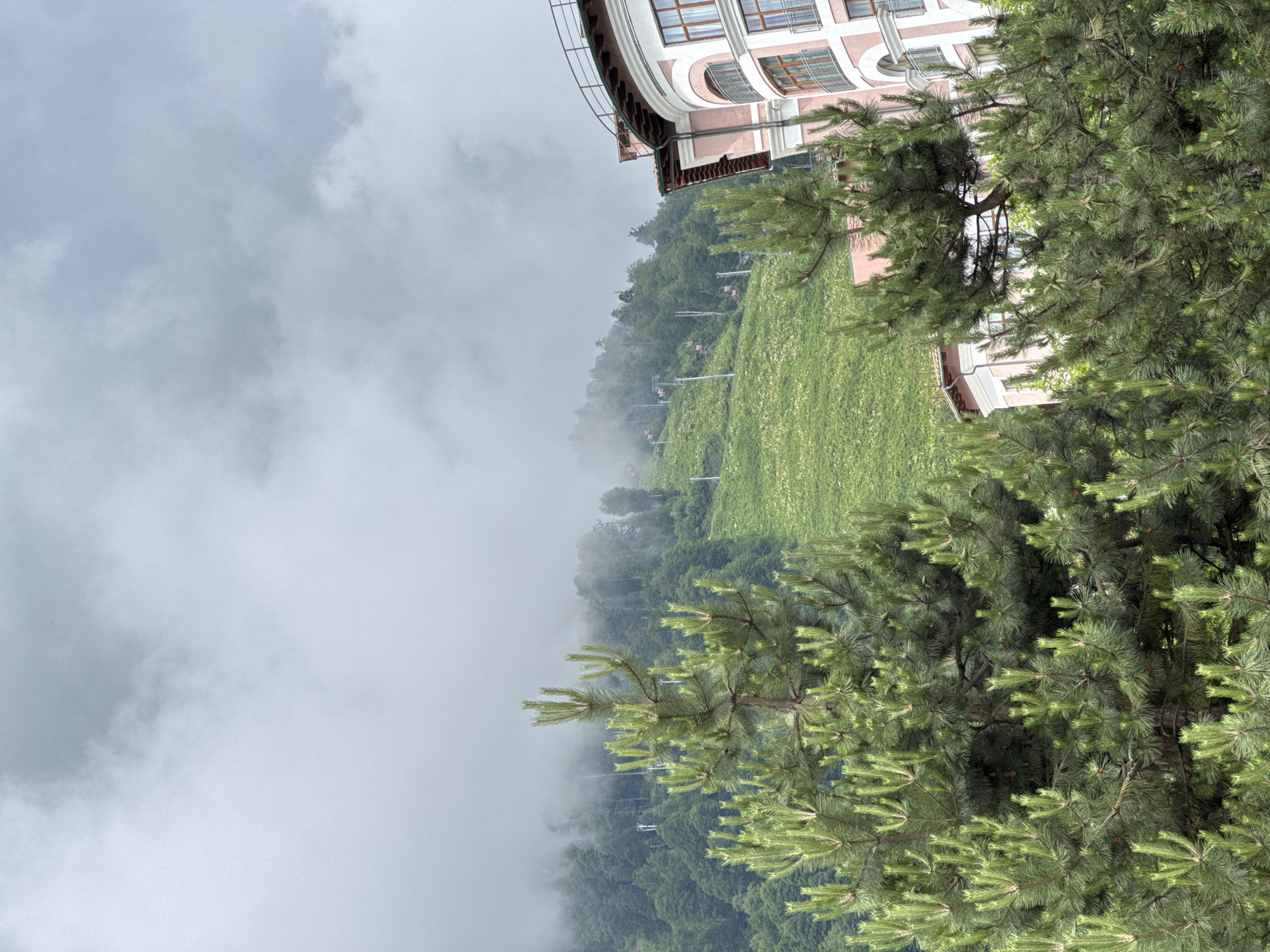 The image depicts a cloudy day scene in Estosadok, Russia, characterized by lush green mountainside, a ski lift system, and architectural structures. In the foreground, dense pine trees with vibrant green needles dominate the lower half of the frame, obscuring parts of the background.
The middle ground reveals a steep, verdant mountain slope covered in grass and dotted with what appear to be ski lift towers and cabins, indicating the area's use as a ski resort. The upper part of the mountain is shrouded in fog and mist, lending a dramatic and atmospheric quality to the scene.
On the right side of the image, a multi-story building with a distinctive pink and white facade is visible. The architecture features rounded sections, balconies with decorative railings, and large windows with wooden frames. The building appears to be a hotel or residential complex, nestled against the natural landscape.
The sky above is overcast with heavy, grey clouds, suggesting a cool or potentially rainy day. The overall impression is one of a mountain resort town, possibly during the summer or shoulder season, with the natural environment playing a prominent role alongside human development. There are no people visible in the image.