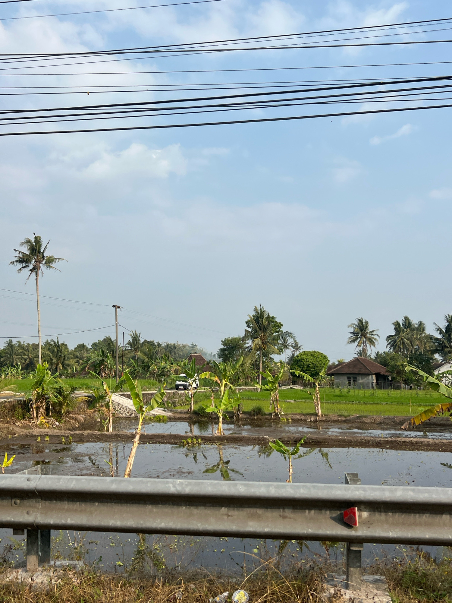 The image depicts a rural landscape in Wukirsari, Indonesia, featuring a flooded rice paddy in the foreground with young banana trees and palm trees scattered throughout. A silver guardrail runs across the lower portion of the frame, separating the viewer from the paddy. In the middle ground, a white vehicle is visible on a road amidst lush green fields and several traditional Indonesian houses with brown tiled roofs. The background is dominated by a clear blue sky with scattered white clouds and a network of power lines overhead. The overall scene conveys a peaceful, agricultural setting under daylight.