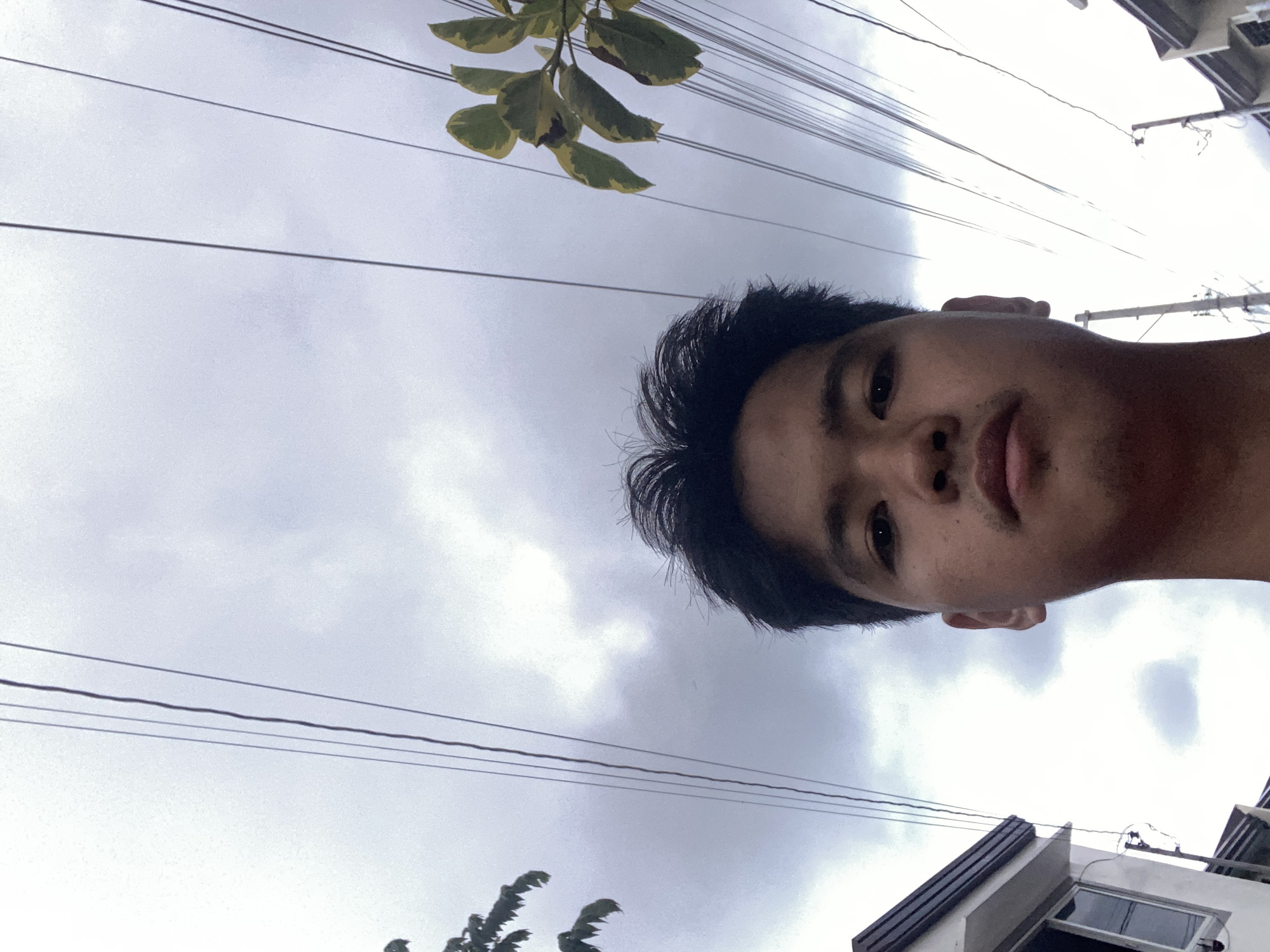 The image is a close-up, low-angle selfie of a young man in Davao City, Philippines, taken outdoors. The man is positioned centrally in the frame, with his face taking up the lower half of the image. He has dark hair and is looking directly at the camera. Behind him, several parallel electrical wires run horizontally across the sky, which is overcast and cloudy. To the left and right of the man, leafy branches of a tree are visible, partially obscuring the wires. In the background, the roofs and upper portions of houses are visible, suggesting an urban or suburban residential area. The scene appears to be set during the daytime.