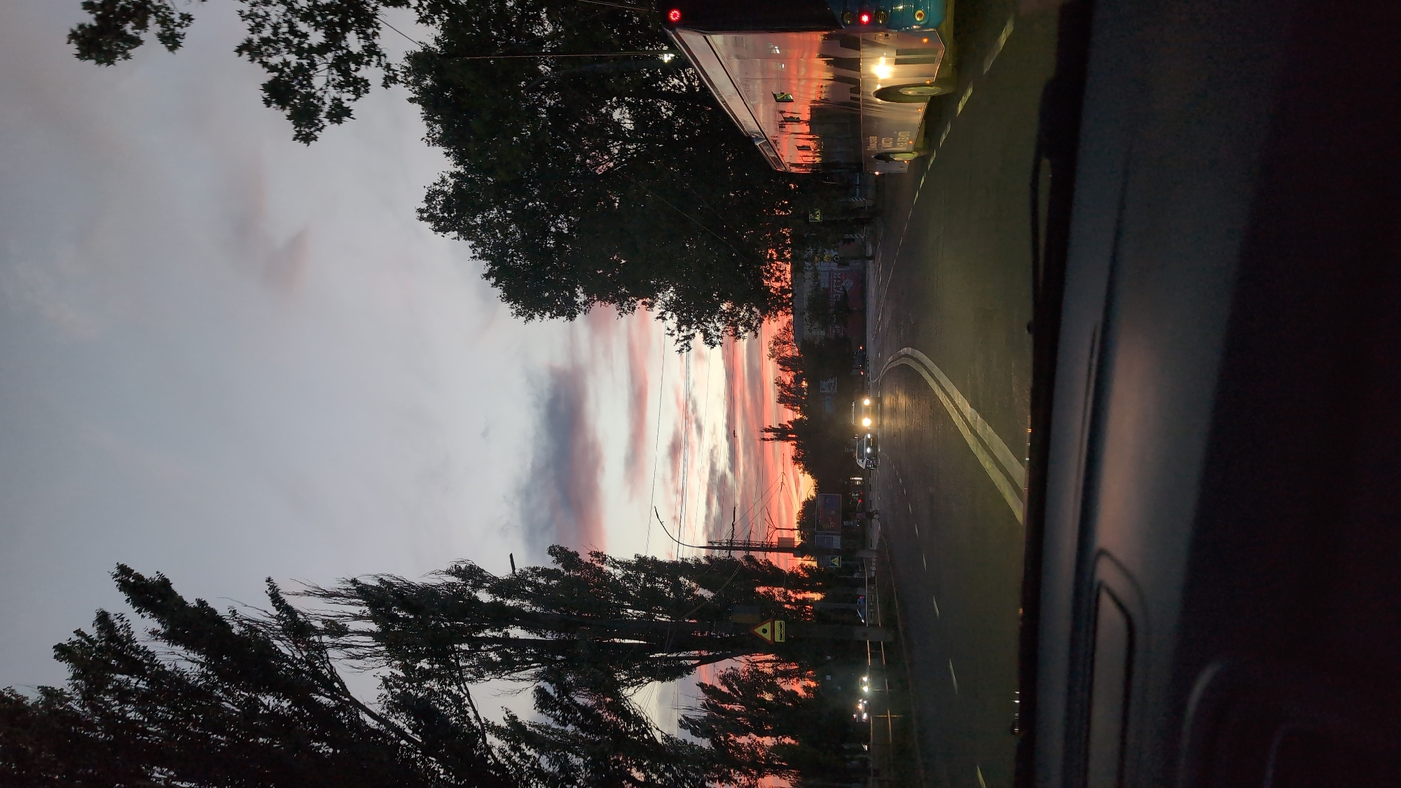 The image captures a street scene at dusk in Mykolaiv, Ukraine. Tall trees line the left side of a paved road that curves to the right, bordered by streetlights and overhead wires. In the distance, a vibrant sunset paints the sky with hues of pink, orange, and purple, contrasting with the darkening clouds. On the road, several vehicles are visible, including a bus on the right side of the frame, its windows reflecting the colorful sky, and cars with their headlights illuminated. The perspective suggests the photo was taken from inside a vehicle, looking out through the windshield. The general atmosphere is one of a typical evening commute in a city, with the dramatic sunset adding a touch of natural beauty to the urban environment.