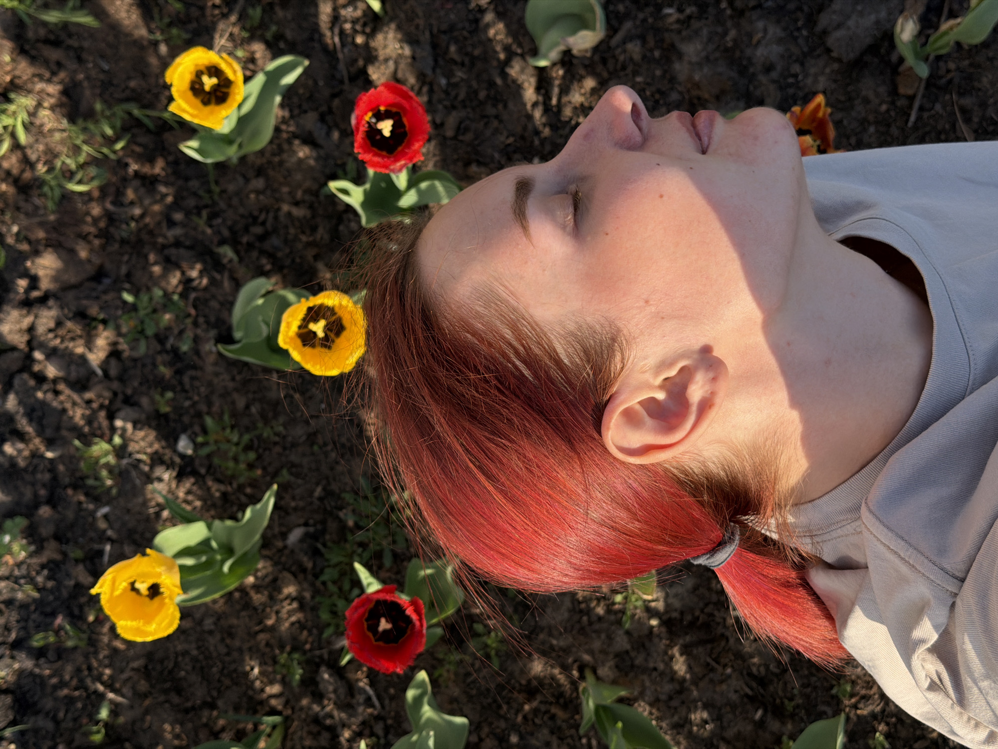 The image shows a person lying on the ground surrounded by flowers. The person has fair skin, red hair tied in a ponytail, and closed eyes. They are wearing a light-colored shirt. There are several tulips of varying colors (yellow and red) scattered around the person on dark soil, interspersed with small green plants. The location is likely a garden or cultivated area. The city of Chaikovsky, Russia, cannot be confirmed definitively based on the image alone.