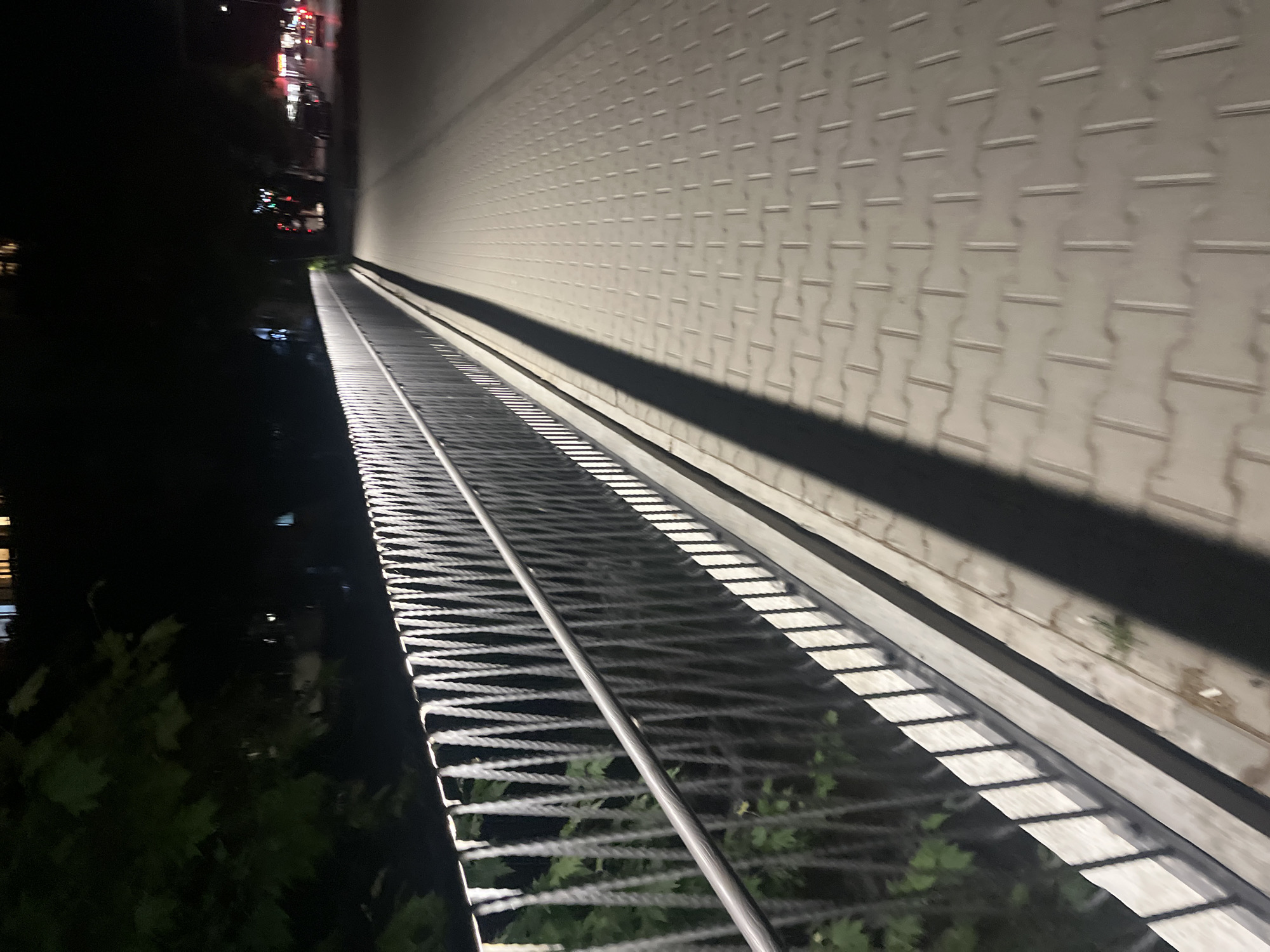 A night view in Blagoevgrad, Bulgaria, shows a metal grate walkway alongside a textured concrete wall. The walkway is elevated, and below, dense foliage is visible. Beyond the walkway and foliage is darkness, punctuated by the indistinct lights of buildings and distant traffic. The concrete wall casts a shadow onto the walkway.