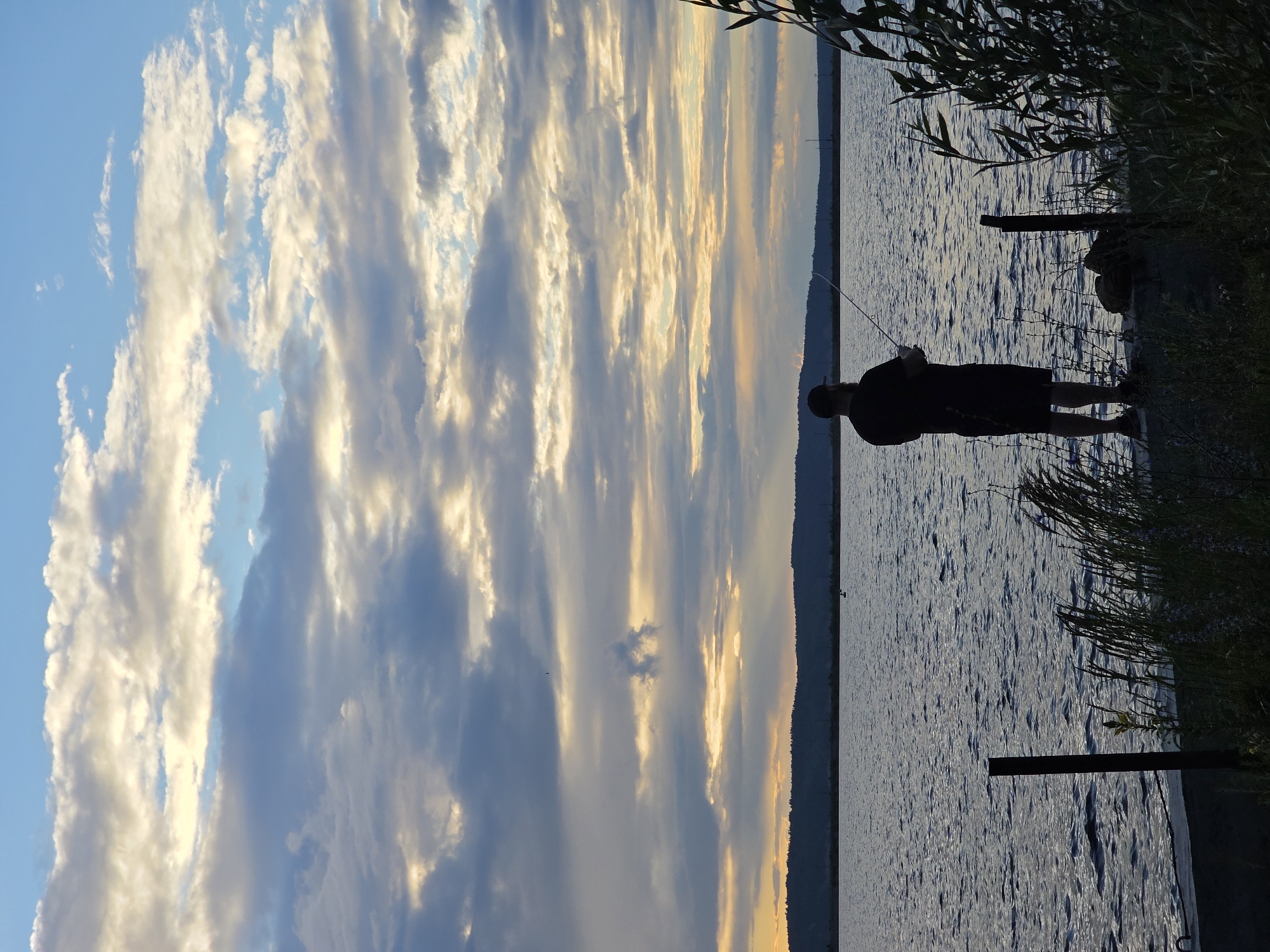 This media file captures a serene moment of a lone figure fishing by a body of water at sunset. The scene is set by a lake, with the sun casting a warm, golden glow on the horizon, visible through a dramatic sky filled with streaky, illuminated clouds. The water's surface is rippled, reflecting the dusky sky.
The primary subject is a person, silhouetted against the fading light, standing on what appears to be a shoreline or dock. They are holding a fishing rod, indicating they are actively engaged in fishing. They are wearing dark clothing, including shorts and a cap. The vegetation on the right side of the frame, likely reeds or tall grass, frames the scene and adds a natural element. The distant shoreline is a dark, silhouetted line against the sky.
The time of day is clearly sunset, evident from the warm colors in the sky and the silhouetted figures. The weather appears calm, with the water showing only gentle ripples. The location cues, combined with the provided context, suggest this is Chaikovsky, Russia. The overall emotion conveyed is one of peace and solitude. There is no visible text in the image.