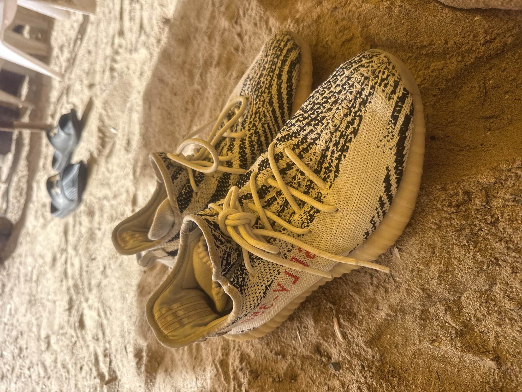 A pair of Adidas Yeezy Boost 350 V2 "Zebra" sneakers rests on a light brown, fine-grained sandy surface in Choeng Thale, Thailand. The sneakers feature a white Primeknit upper with distinct black stripe patterns and red "SPLY-350" text visible on the lateral side of the left shoe. White laces are tied on both shoes. The translucent, ribbed Boost soles are visible beneath the uppers. In the out-of-focus background, two dark-colored slide sandals and fragmented white plastic furniture (chairs or tables) are discernible, indicating a casual outdoor setting. The scene is illuminated by natural, warm daylight. No human figures or direct interactions are depicted.