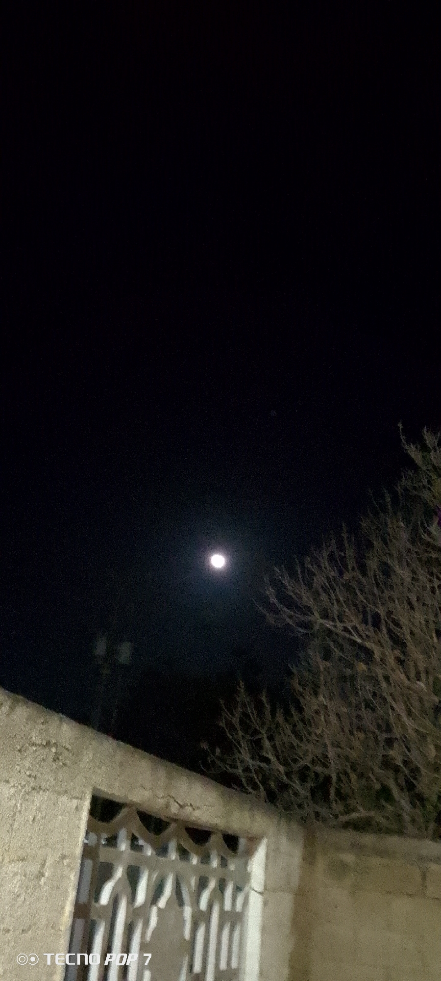 The image, taken at night, shows a bright moon in a dark sky. In the foreground, part of a building is visible, specifically a section of a wall and a window with a decorative grill. To the right of the building is a bare tree branch or bush. The image was captured with a TECNO POP 7 phone. The location is Altagracia, Venezuela.