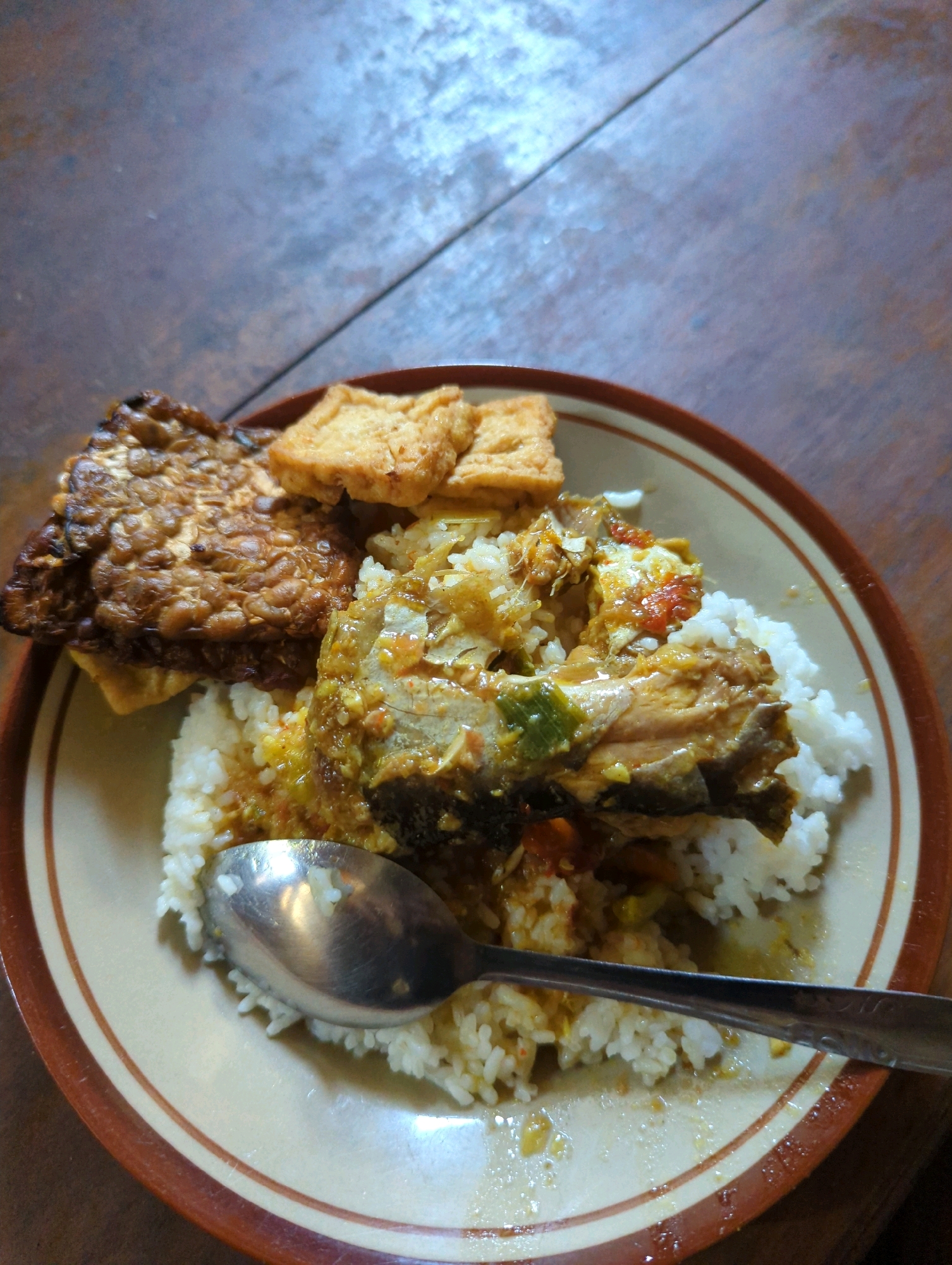 A plate of rice with a piece of fish, tempeh, and tofu sits on a wooden table. The plate has a brown rim with two thin white stripes. A silver spoon rests on the rice. The background is a blurred wooden surface. This scene is likely in a home or a small eatery in Kedungdowo, Indonesia.