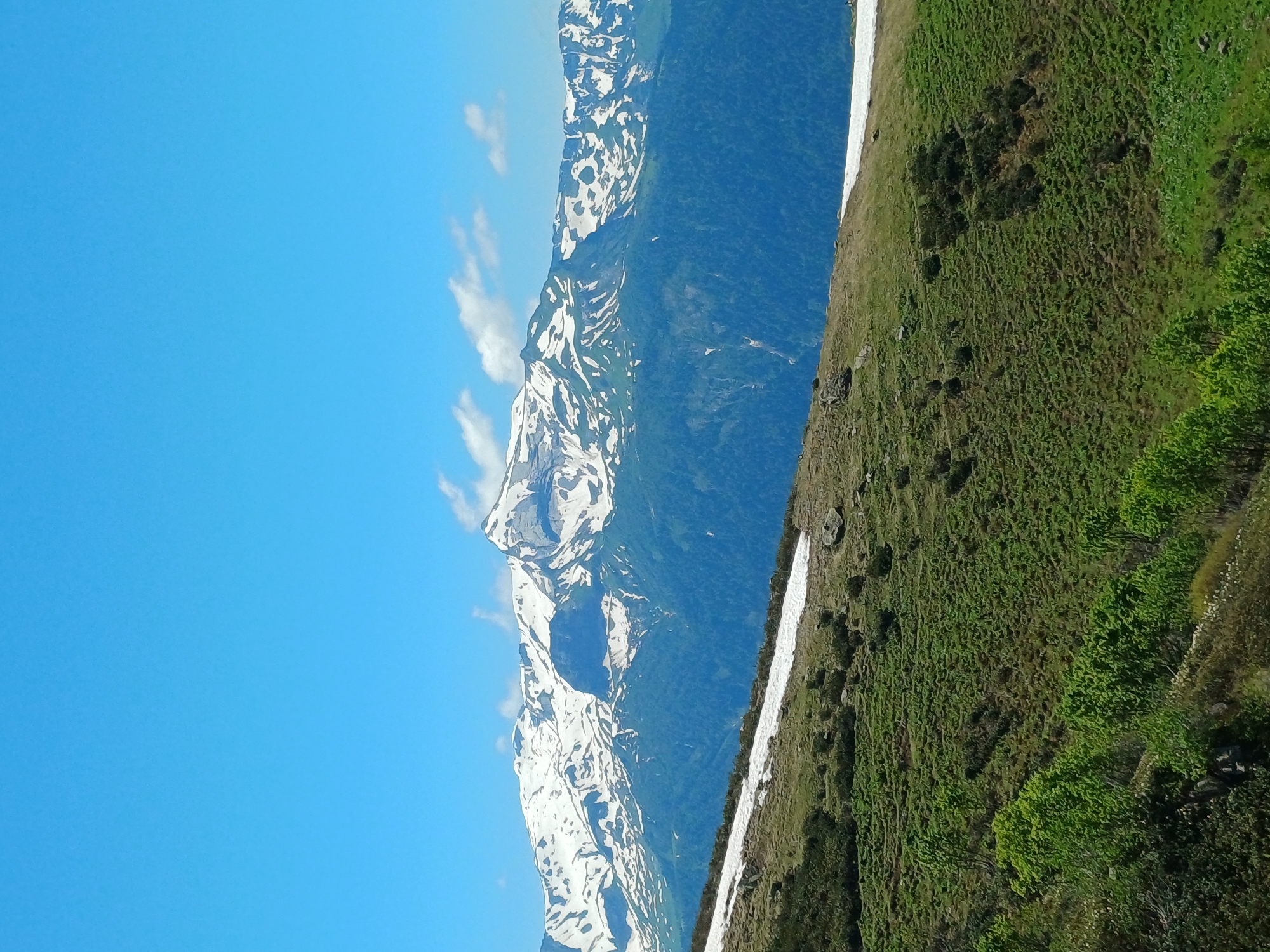 This is a landscape photograph of snowy mountains and green slopes under a clear blue sky. The image appears to have been taken from a viewpoint on a hillside looking up at a range of mountains. The mountains in the background are capped with snow, with patches of green visible on their lower slopes. In the foreground, a grassy hillside slopes upward, with scattered rocks and patches of snow. There are also some trees or bushes visible at the bottom of the frame. The overall scene suggests a natural, mountainous environment.
This image is likely of the Caucasus Mountains, near the city of Estosadok, Russia, which is known for its ski resorts and mountainous terrain. The presence of both snow-capped peaks and green, vegetated slopes suggests a time of year when winter snow is still present at higher elevations, while lower areas are experiencing spring or summer growth.