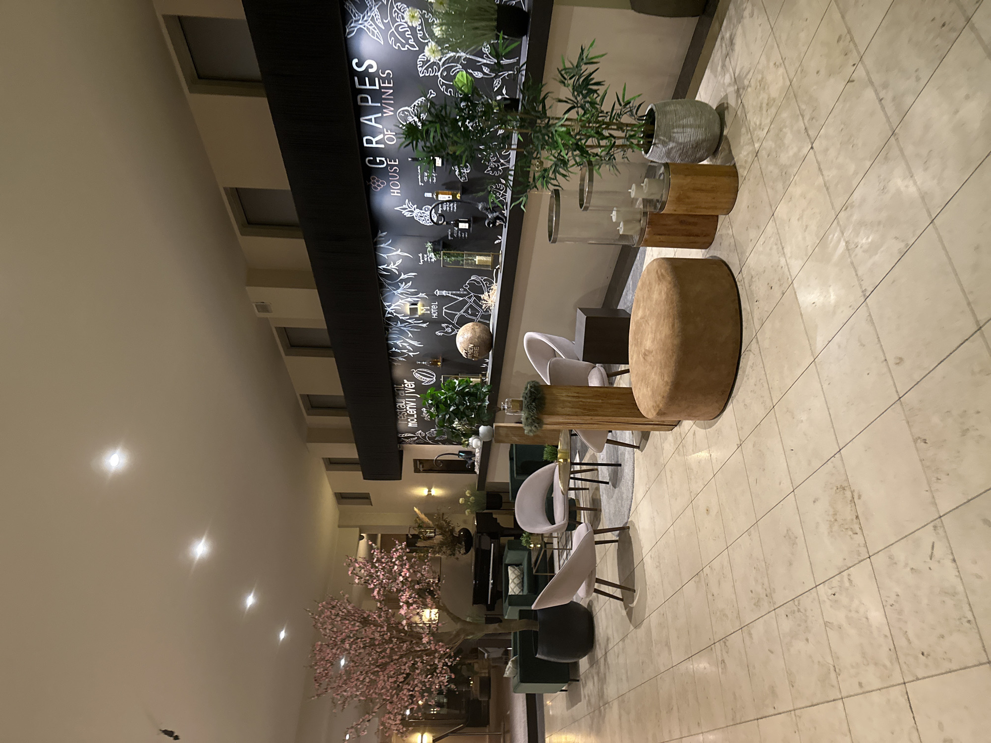 The image shows the interior of the "Grapes House of Wines" at the Radisson Blu Hotel in Genk, Belgium. The space features a black wall with white vine and bottle illustrations and the name of the establishment. There are indoor plants and candles on wooden plinths along the wall. A seating area includes a wooden table, light purple chairs, and an ottoman. A faux cherry blossom tree is visible at the back of the room, with additional seating areas beyond. The floor is made of light-colored tiles.