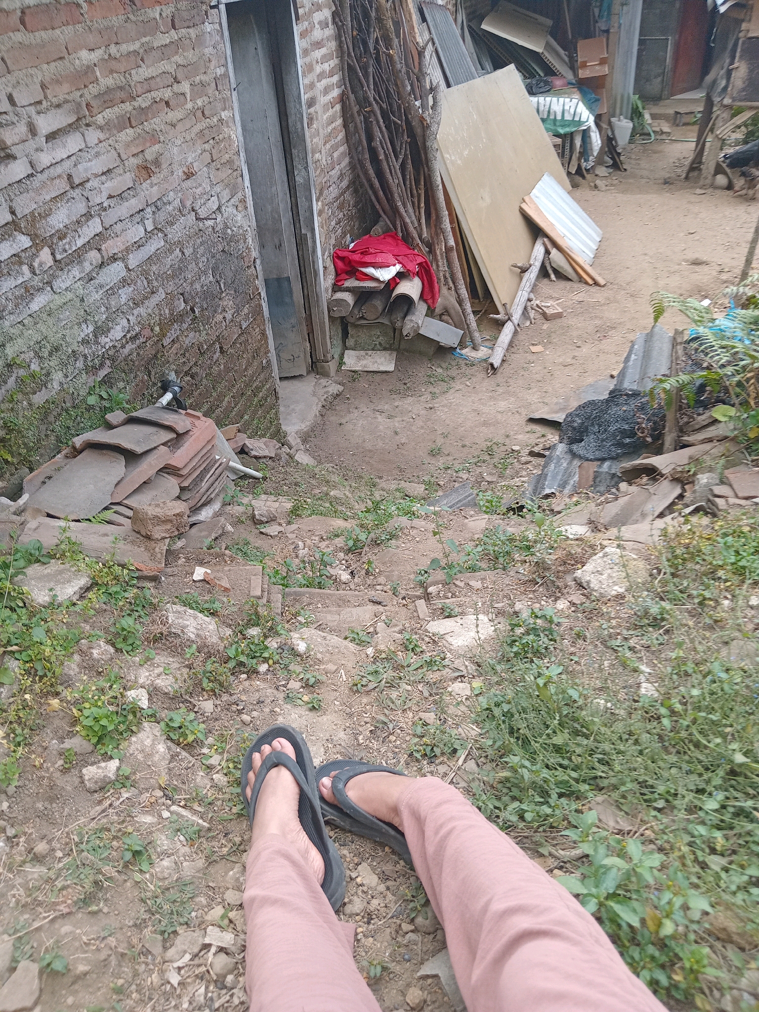 The image shows a ground-level view of an outdoor area that appears to be behind a brick building. In the foreground, a person's legs are visible, wearing pink pants and black flip-flops. They are sitting on a dirt and rocky ground with sparse green vegetation.
To the left, a weathered brick wall with some moss growth is prominent. Adjacent to the wall, there is a narrow, open doorway or passage. A pile of broken roof tiles and some construction debris is located near the doorway.
In the background, various objects are scattered, including a stack of wooden poles, large sheets of plywood leaning against each other, corrugated metal sheets, and other discarded materials. The ground in the background is also dirt and uneven. The overall scene suggests a somewhat unkempt or storage area. The specific location in the city of Claket, Indonesia, cannot be determined from the visual information provided in the image alone.
