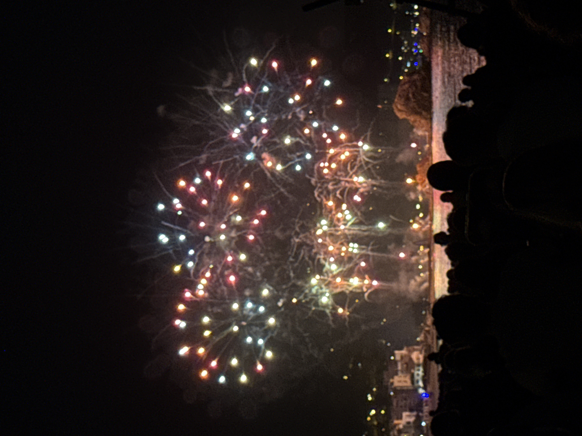 The image depicts a nighttime fireworks display over the water, with a silhouette of a crowd in the foreground. The fireworks are multi-colored, including red, pink, white, and yellow, exploding in a large, dispersed pattern against the dark sky. In the background, a city skyline is visible, with lights twinkling along the coast. A body of water separates the city from the viewpoint of the fireworks. The location is the city of Blanes, Spain, known for its annual firework festival. The crowd appears to be gathered along the waterfront, observing the spectacle. The atmosphere is festive and celebratory.